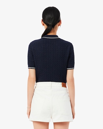 Striped Cable Knit Polo Collar Sweater