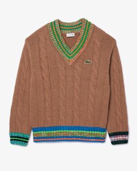 Unisex Loose Fit Cable Knit Wool V-Neck Sweater