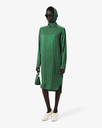 Runway Printed Satin Scarf Neck Dress