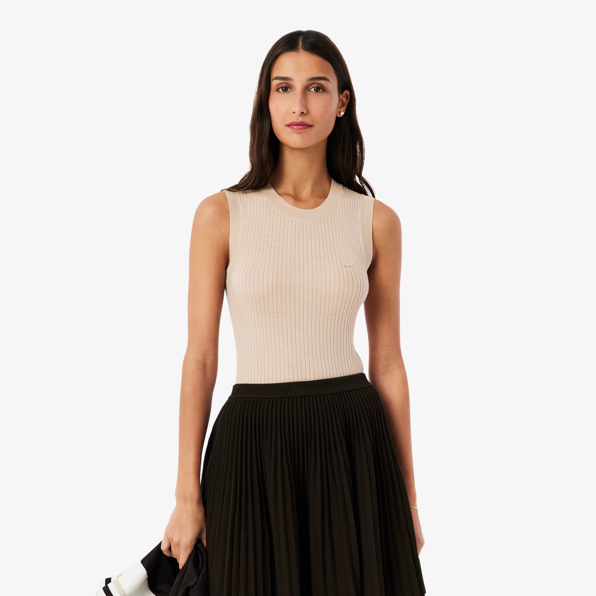 Lacoste Merino Wool 3d Knit Sleeveless Sweater - 36 In Neutral