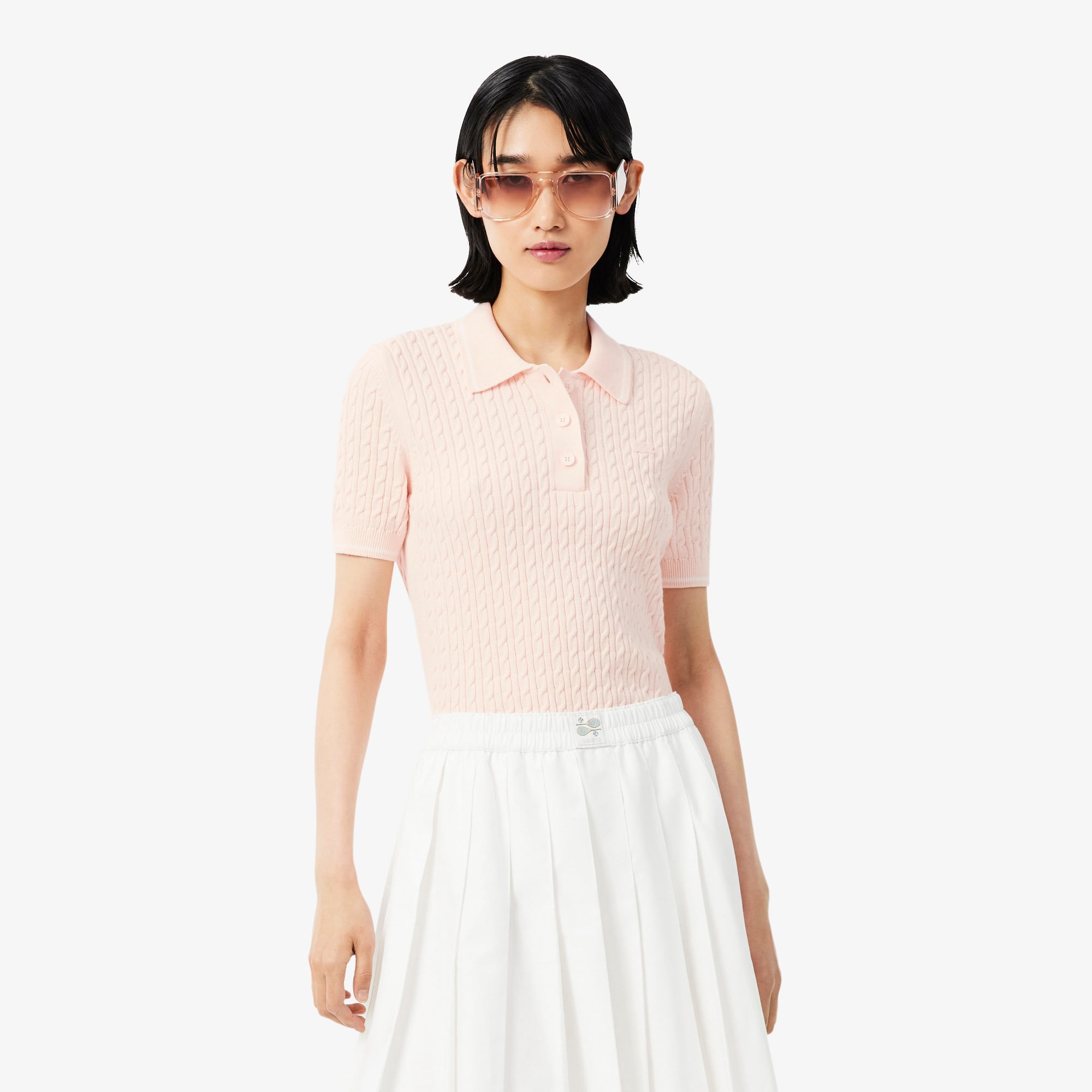 Lacoste Striped Cable Knit Polo Collar Sweater - Xxs (32) In Pink
