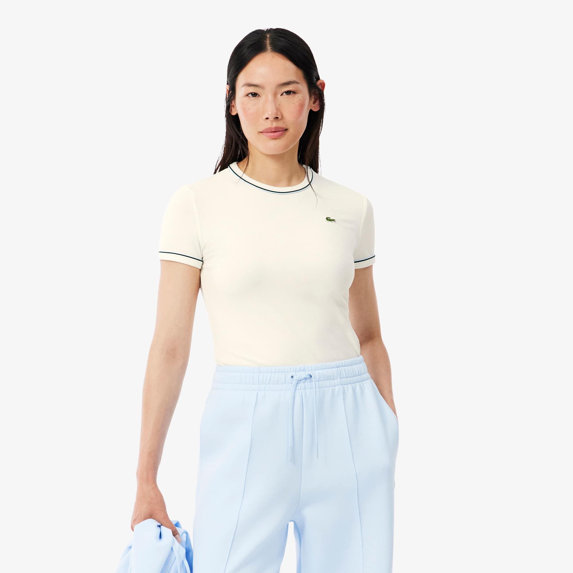 Lacoste Women's Contrast Trim Jersey T-shirt - M (38) In Neutral