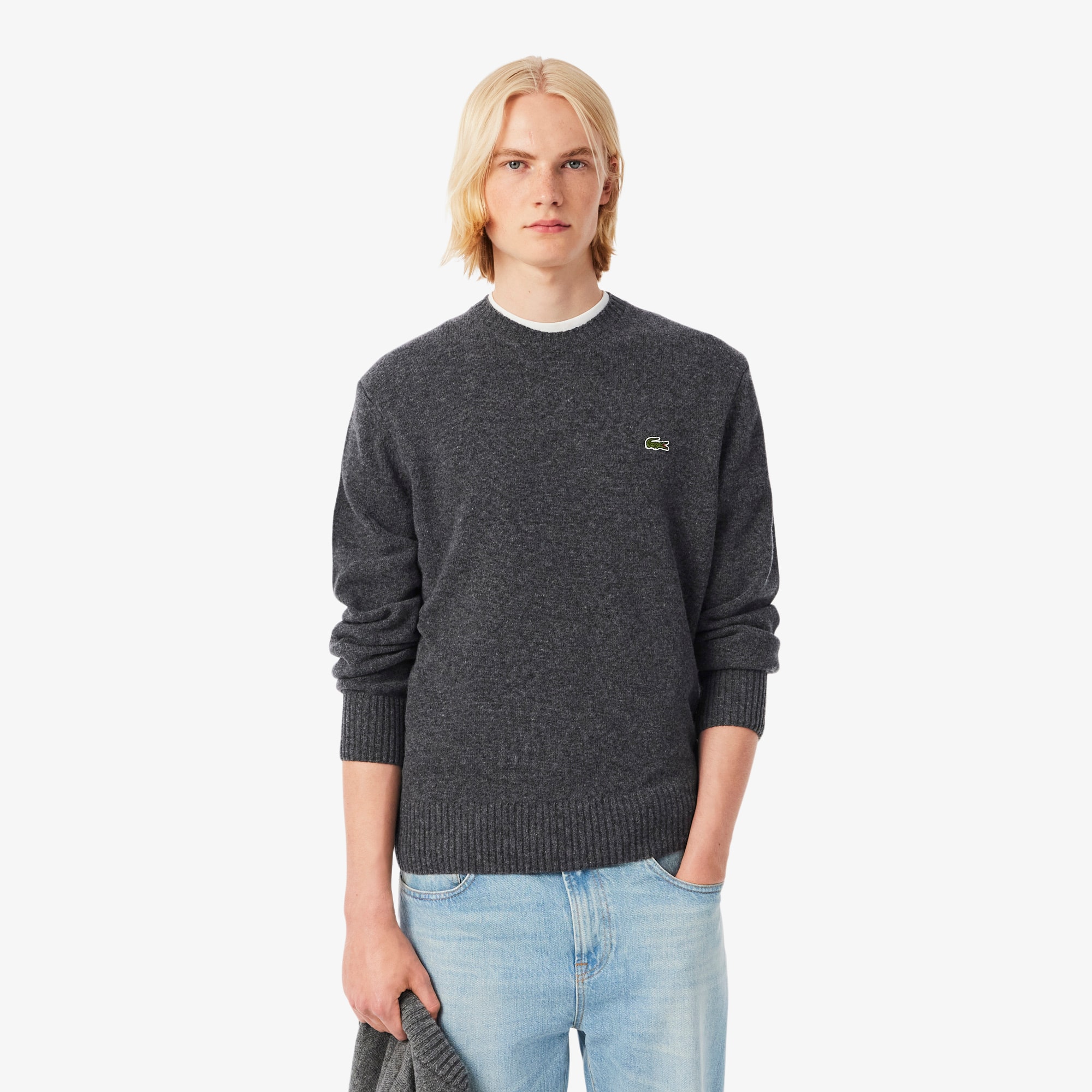 Lacoste Men's Wool Crew Neck Sweater - M - 4 In Gray