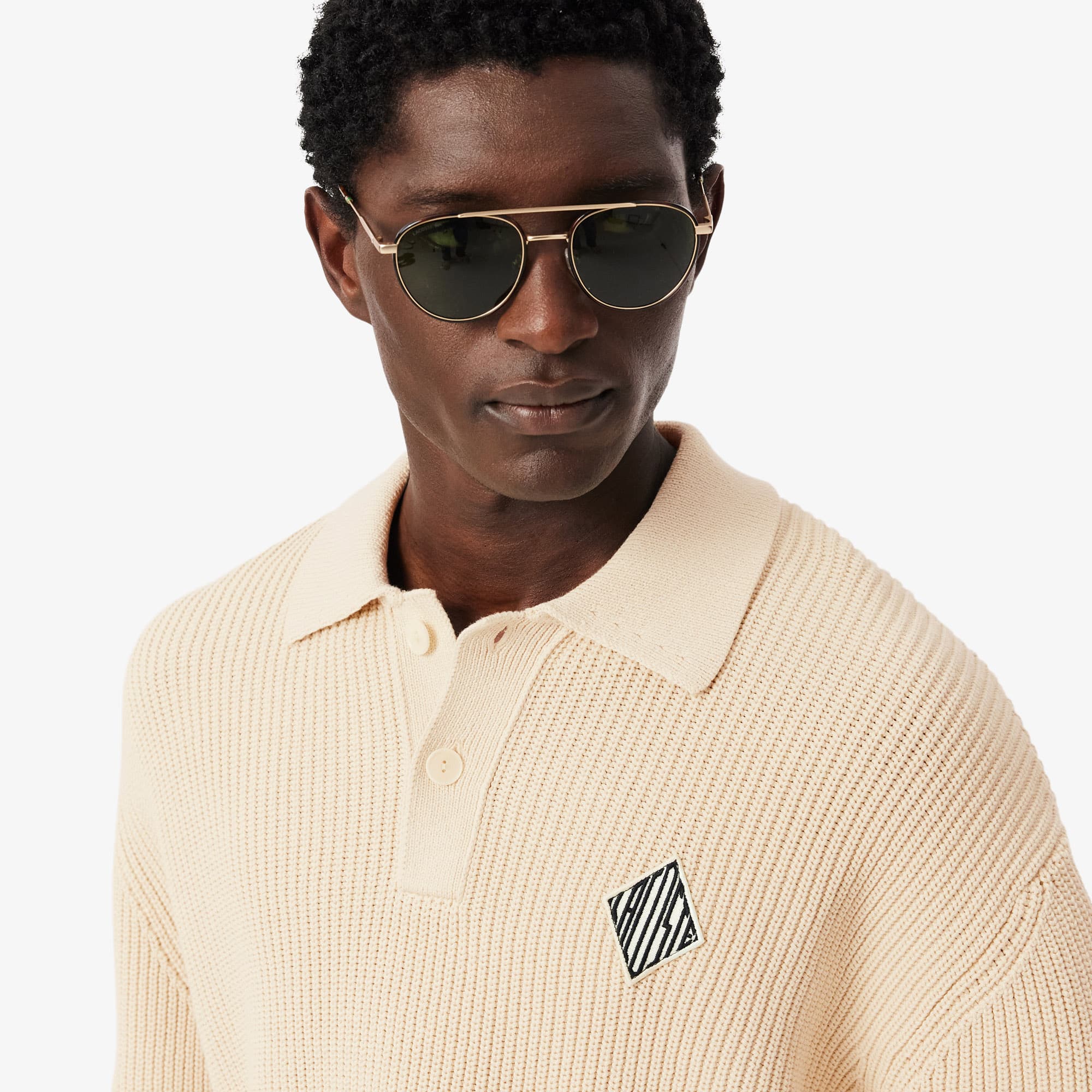 Badge Accent Pearl Rib Polo Collar Sweater - Sweaters
