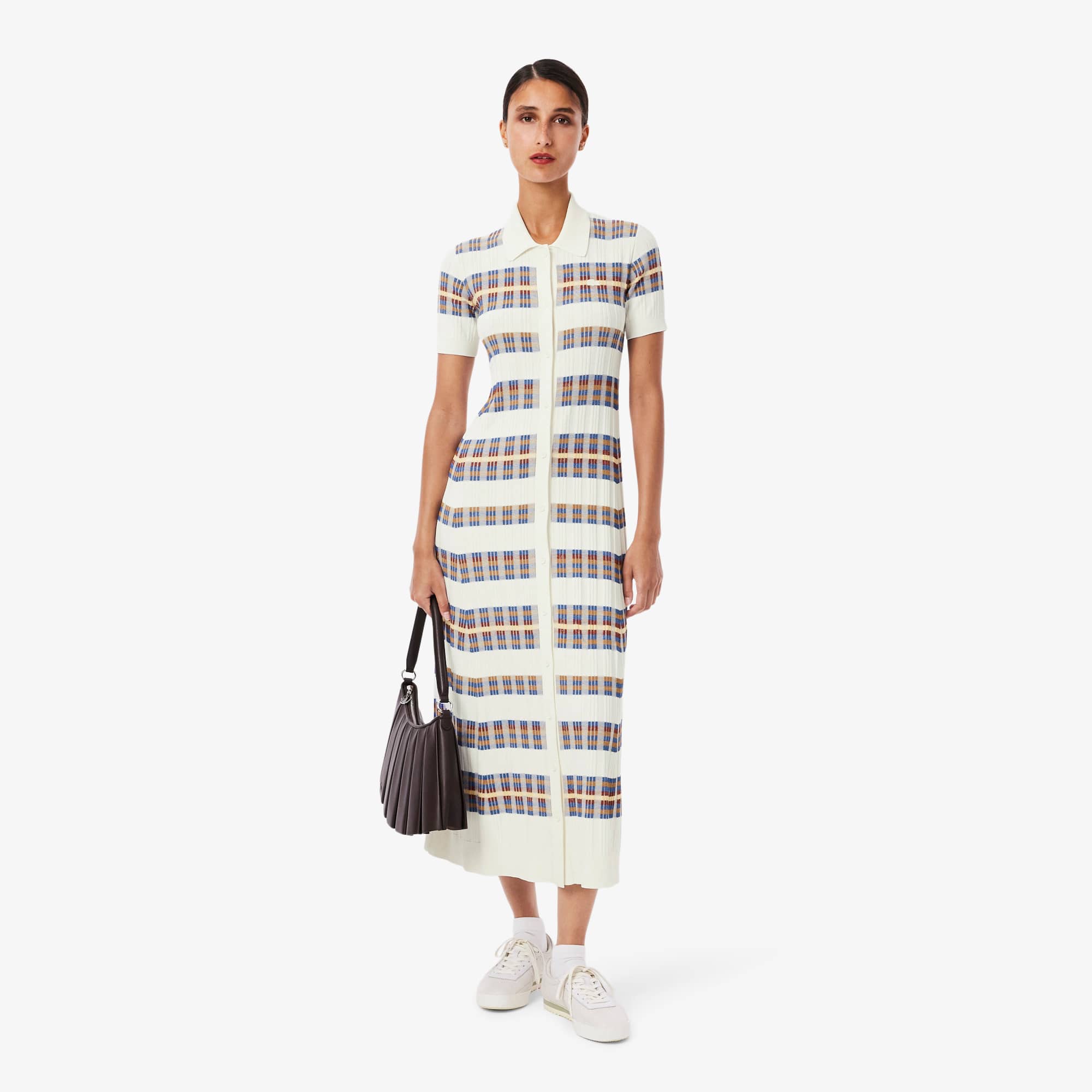 Lacoste Women's Ribbed Knit Polo Collar Dress - 40 In White