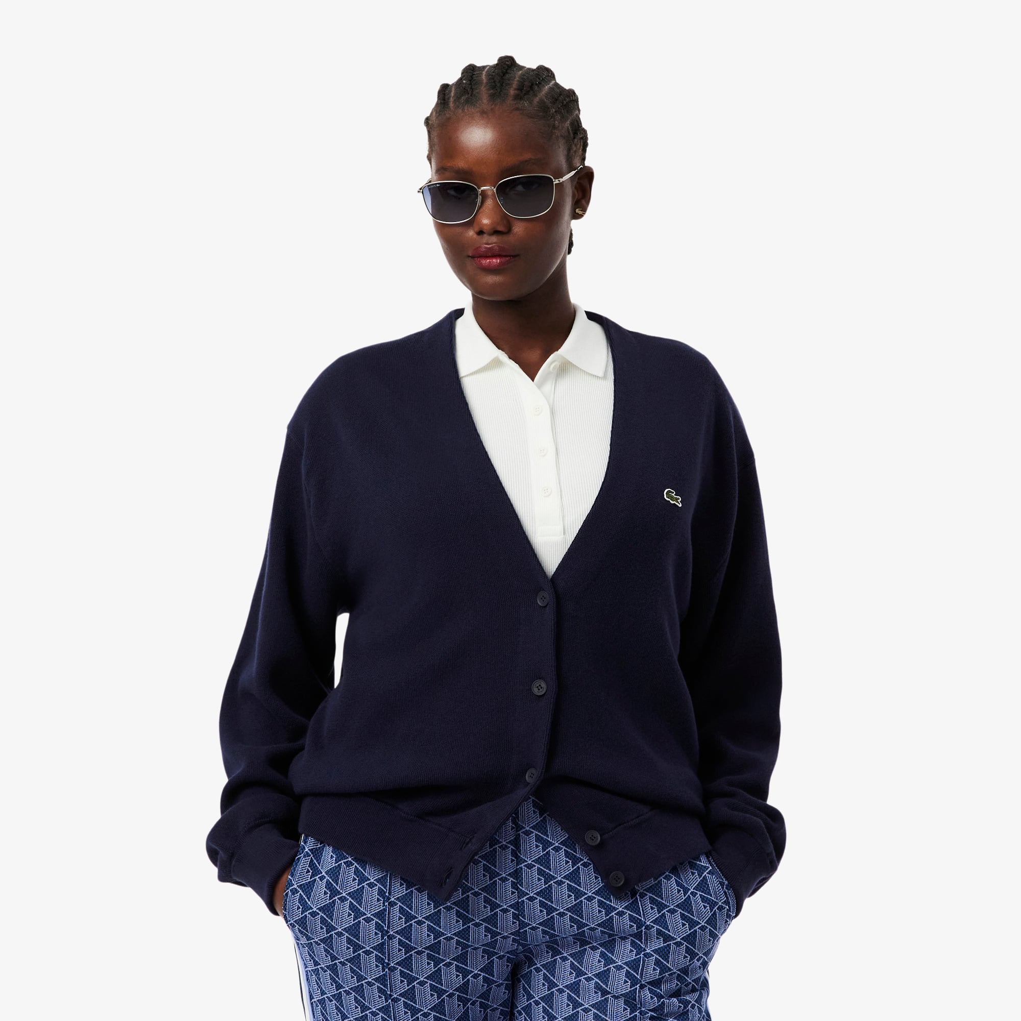 Women's V-Neck Moss Stitch Cotton Cardigan - Sweaters