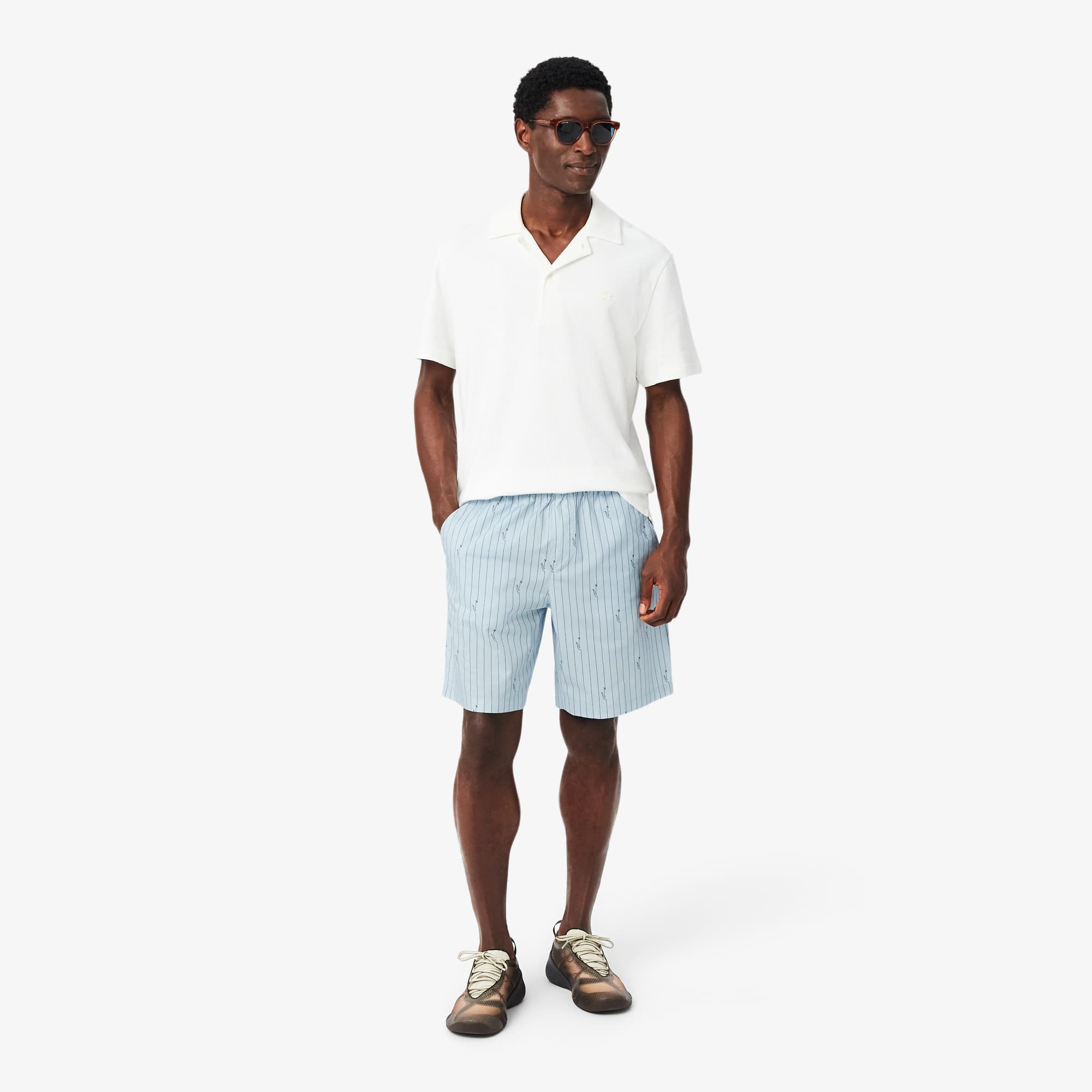 Lacoste Crocodile Print Stripe Cotton Shorts