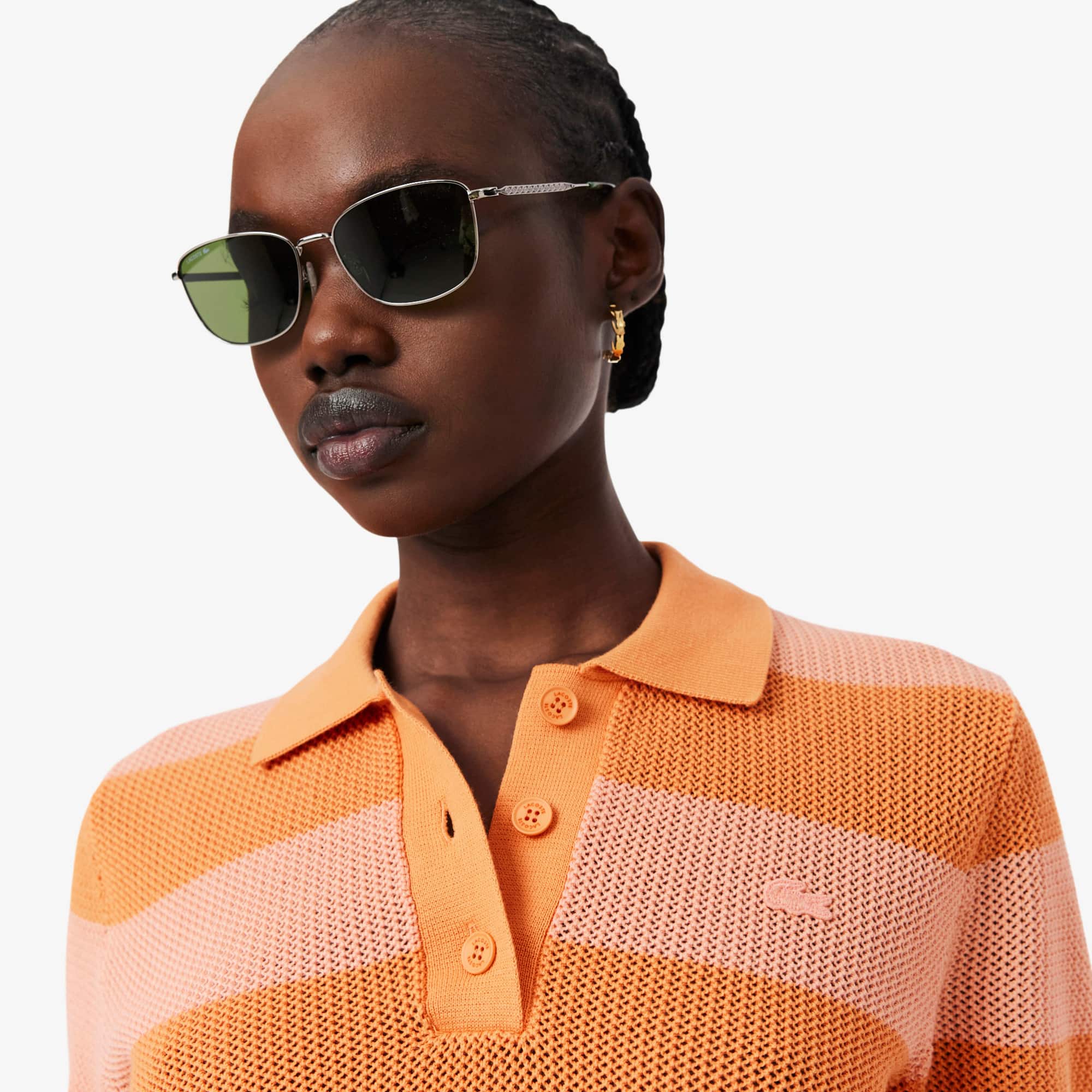 Striped Mesh Knit Polo Collar Sweater - Sweaters & Sweatshirts