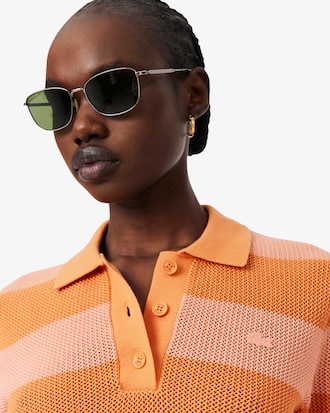 Striped Mesh Knit Polo Collar Sweater