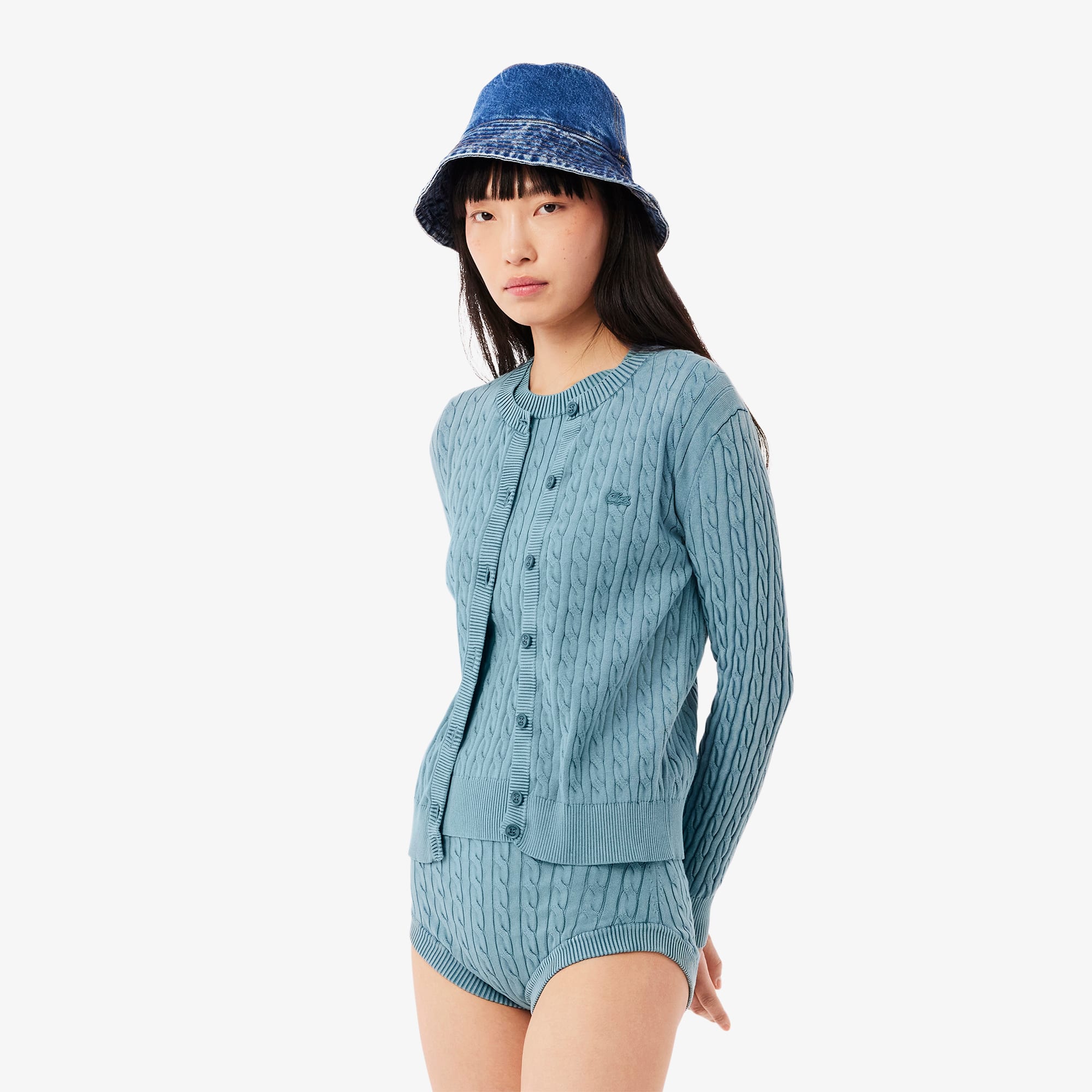 【希少】CHEMISE LACOSTE ケーブルニット セットアップ 水色 40 セール】 ケーブルニットセーター （ニット・セーター）｜LACOSTE