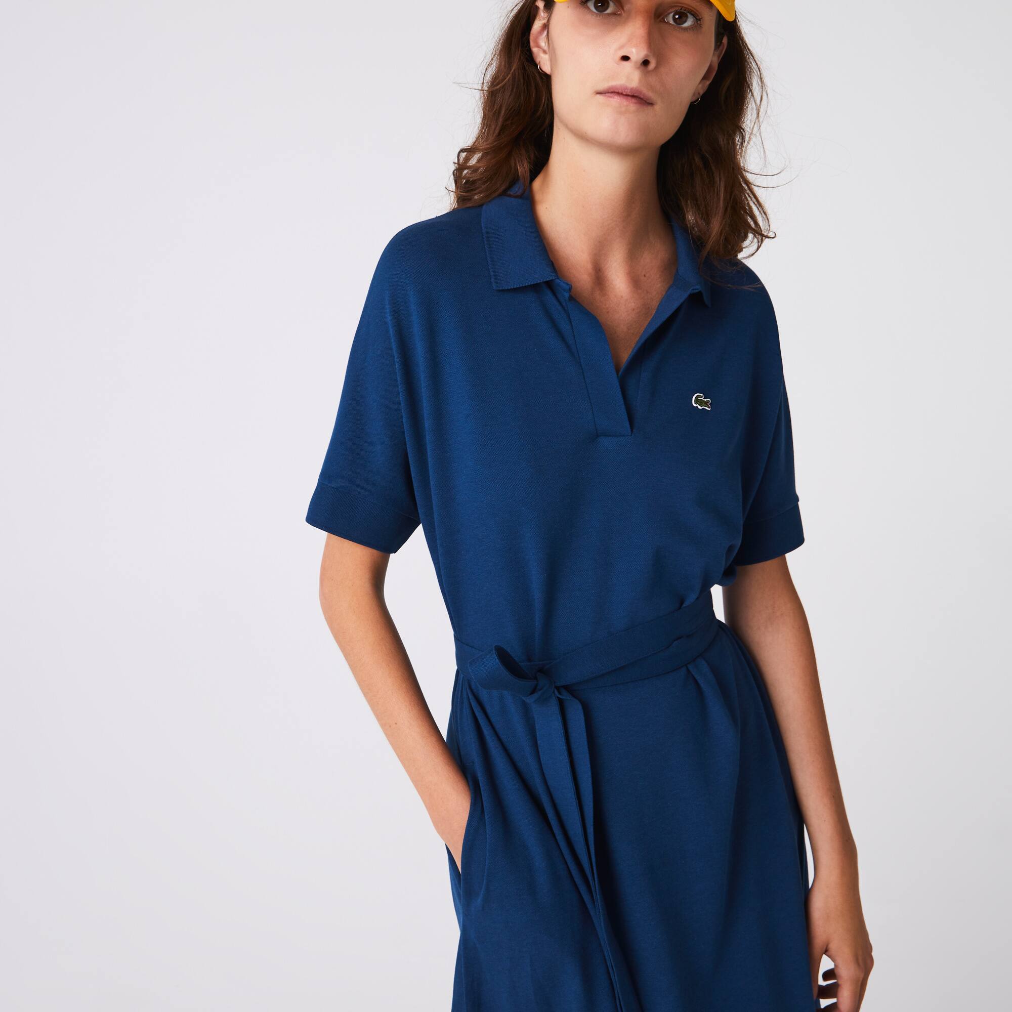 Women's V-neck Fitted Flowy Piqué Polo Dress - Dresses