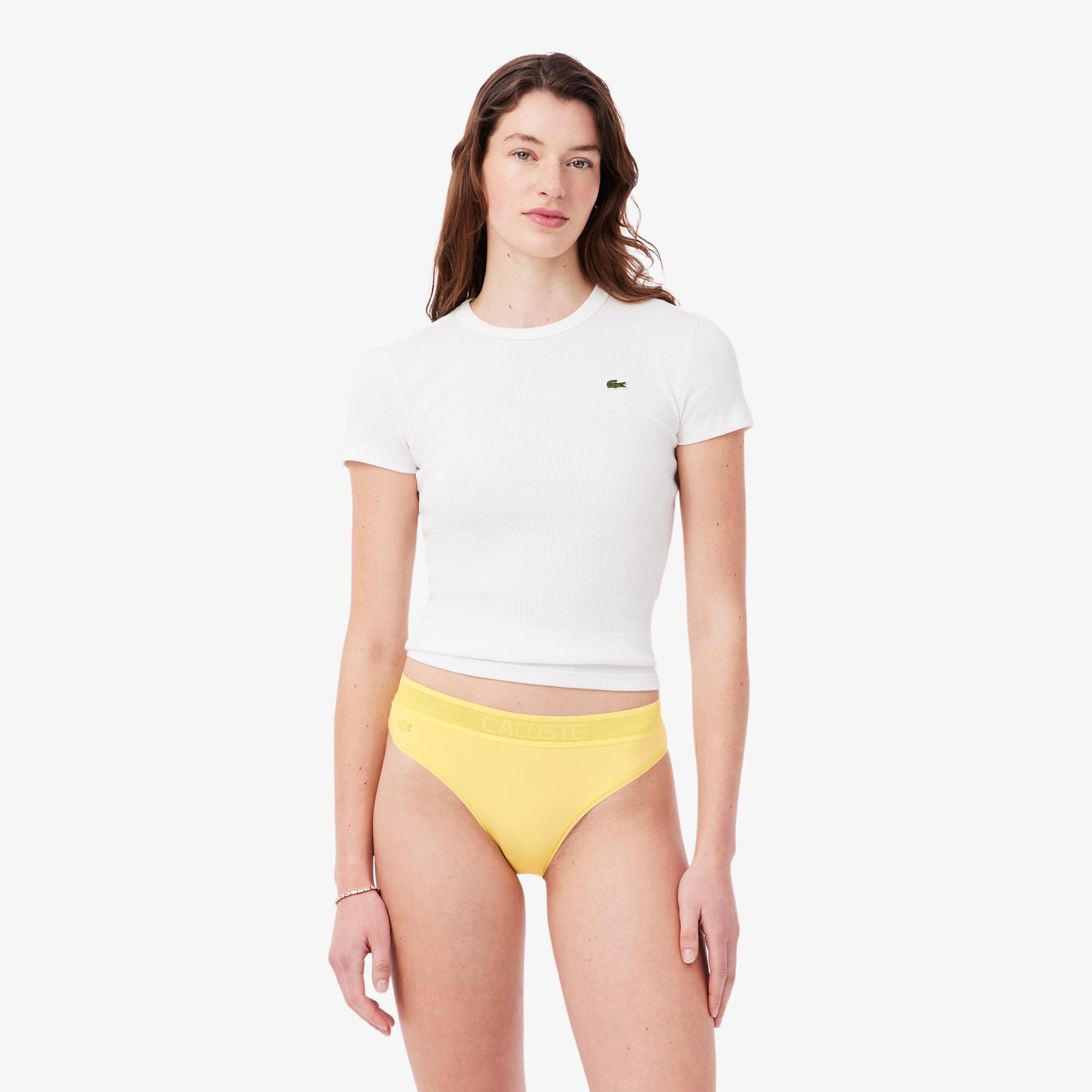 Lacoste Logo Waist Mesh Briefs In Yellow