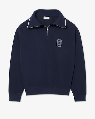 Loose Fit High Zipped Neck Badge Accent Sweatshirt