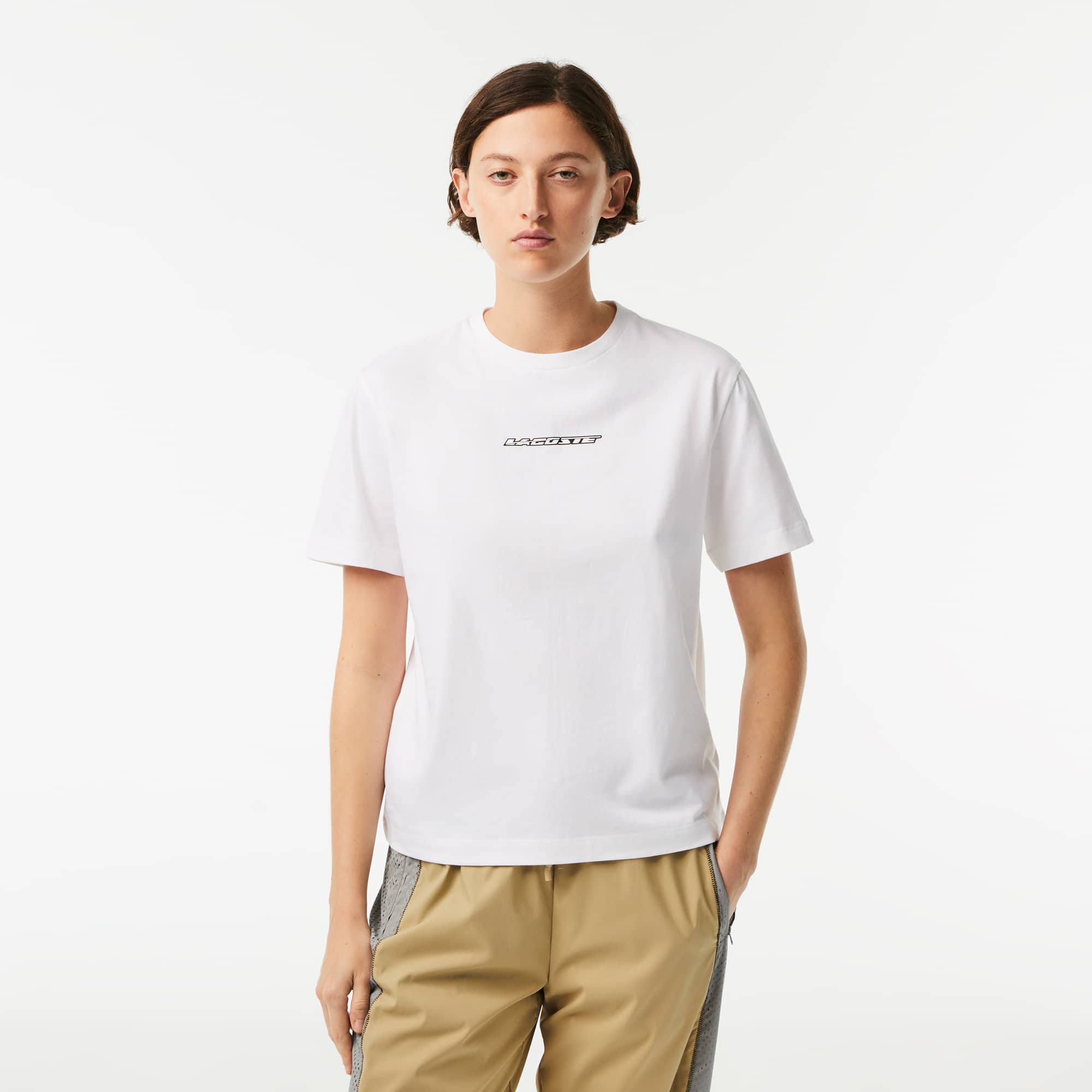 Tシャツ・カットソー LACOSTE Woman T-Shirt Cream PF1123 70V Women's Oversized Striped Cotton T-Shirt - T-Shirts & Tops