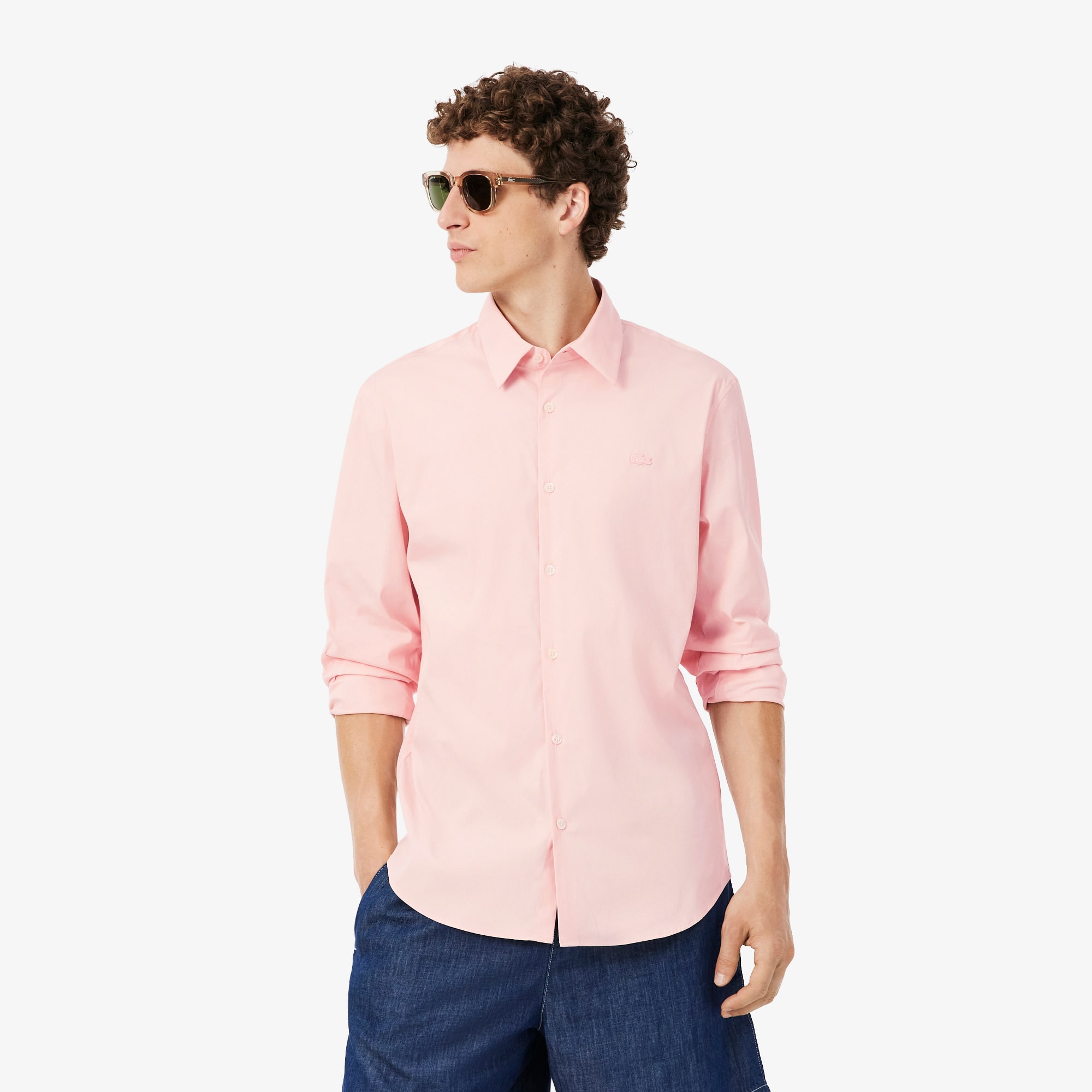 Lacoste Camisa de Popelina Elástica de Corte Ajustado Rosa