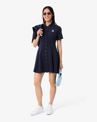 Flared Badge Accent Petit Piqu&eacute; Dress