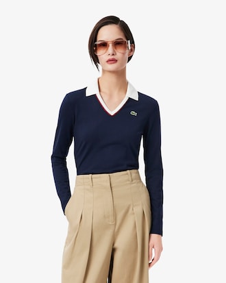 Women's Slim Fit Trim Detail Long Sleeve Polo