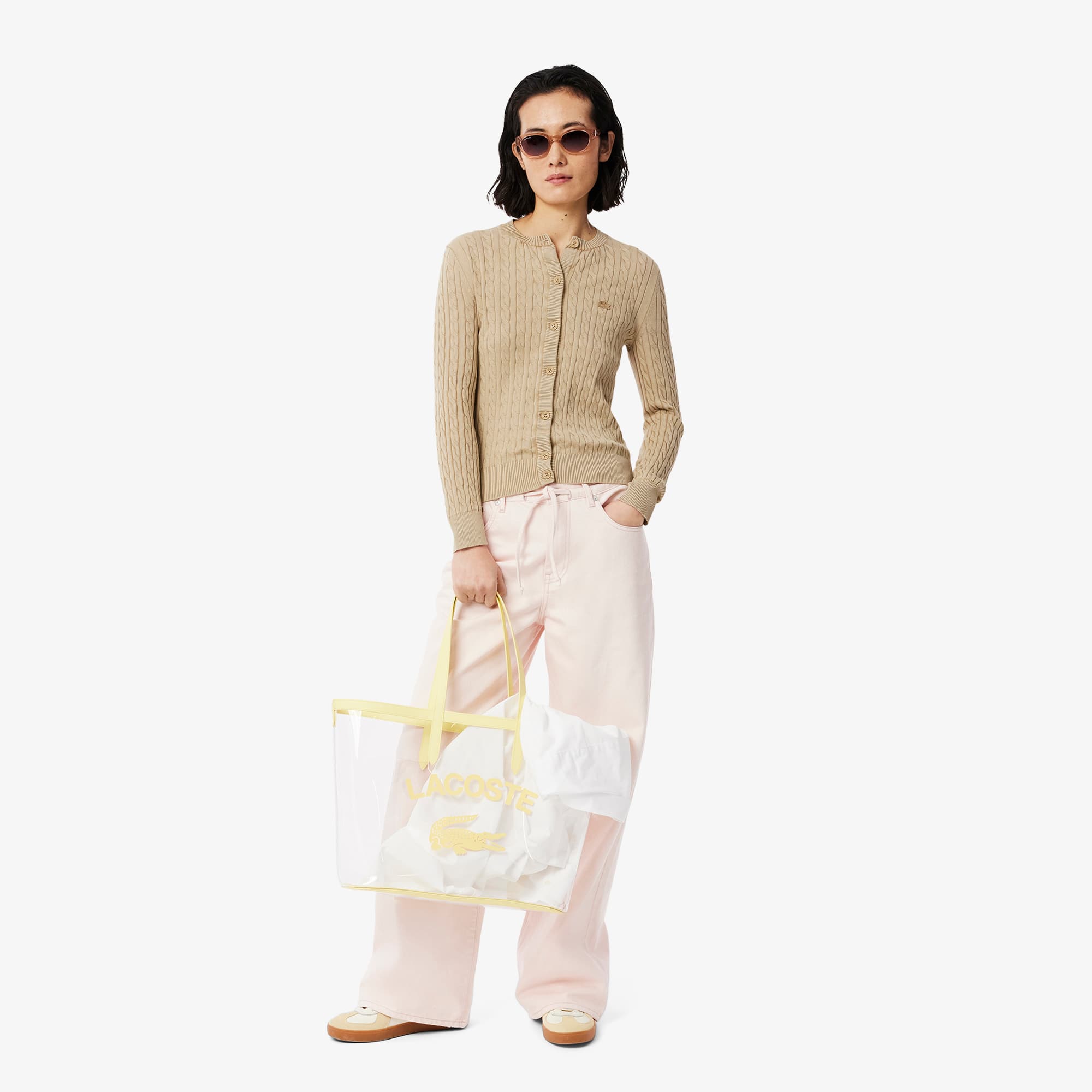LACOSTE アイボリー ケーブルニット　サイズ42 ヘザーカラーリングワッフルニット ／ メランジニット | LACOSTE