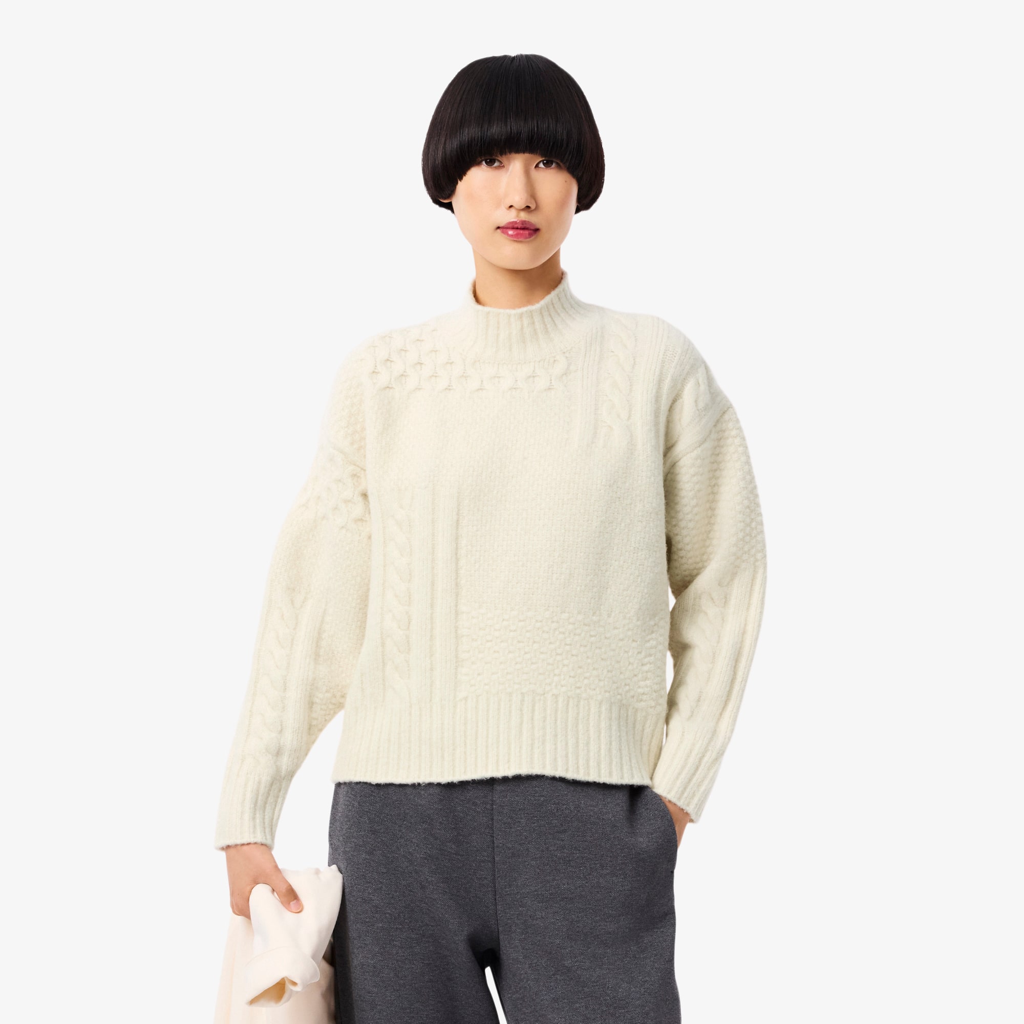 Lacoste Women's Patchwork Effect High-neck Wool Sweater - 32 In White