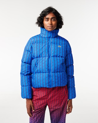Women's Hooded Monogram Print Puffer Jacket with Puffed Croc