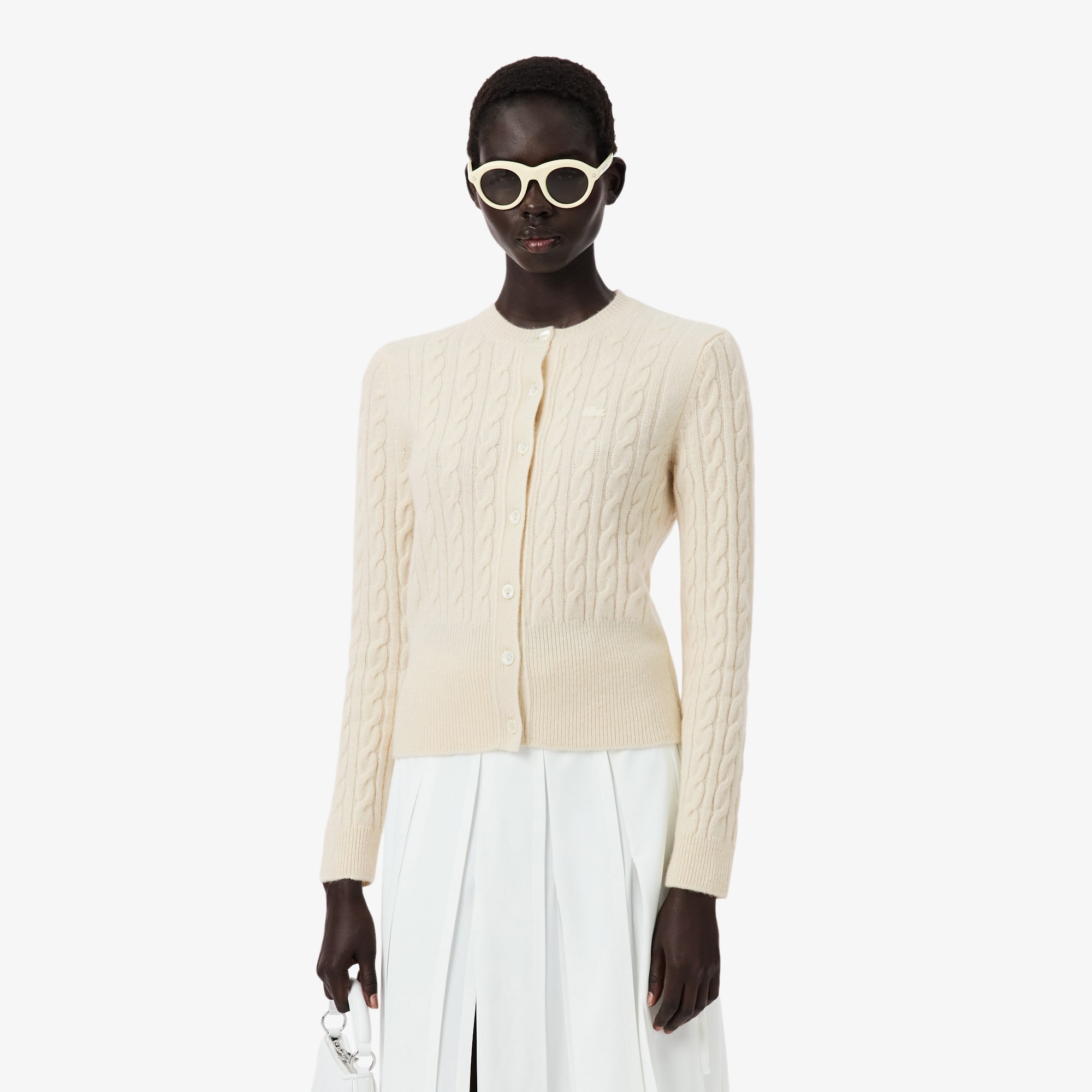 Lacoste Runway Cashmere Cable Knit Cardigan - 38 In White