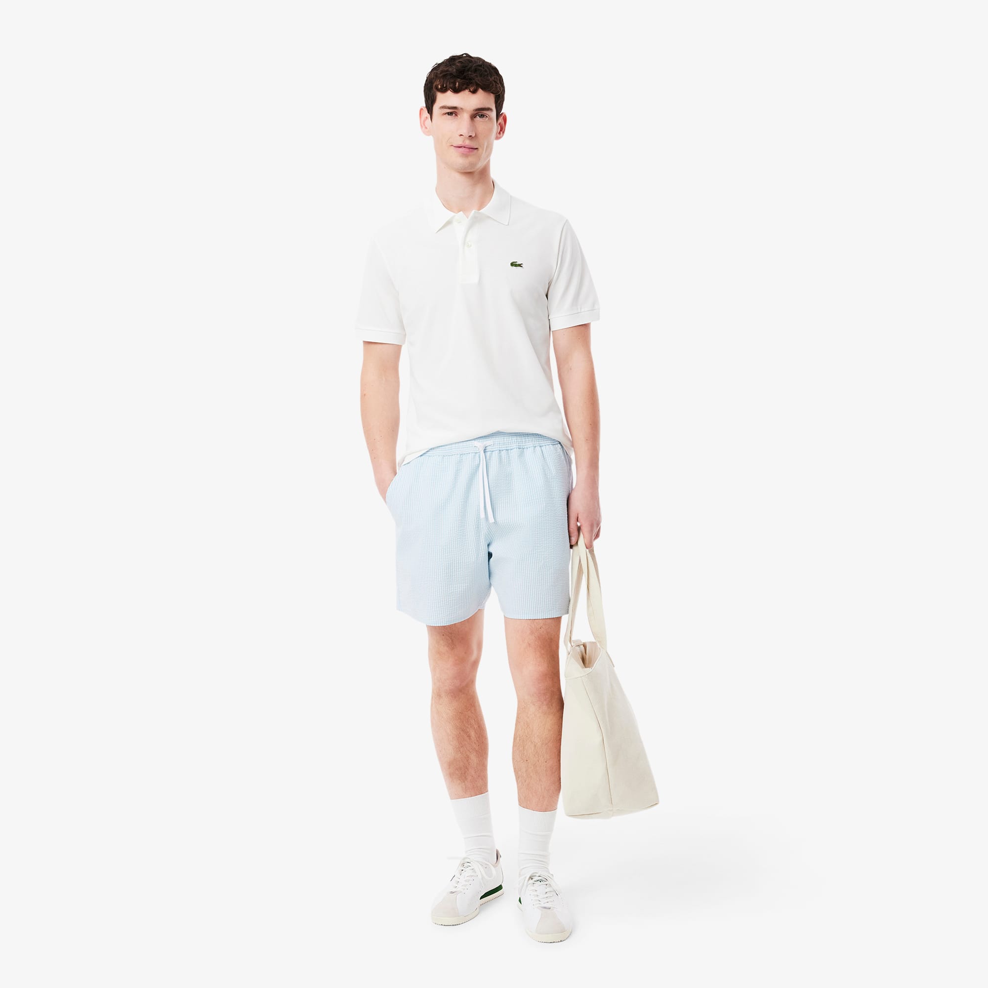 Men's Mid Length Striped Textured Swim Trunks - Shorts & Swim