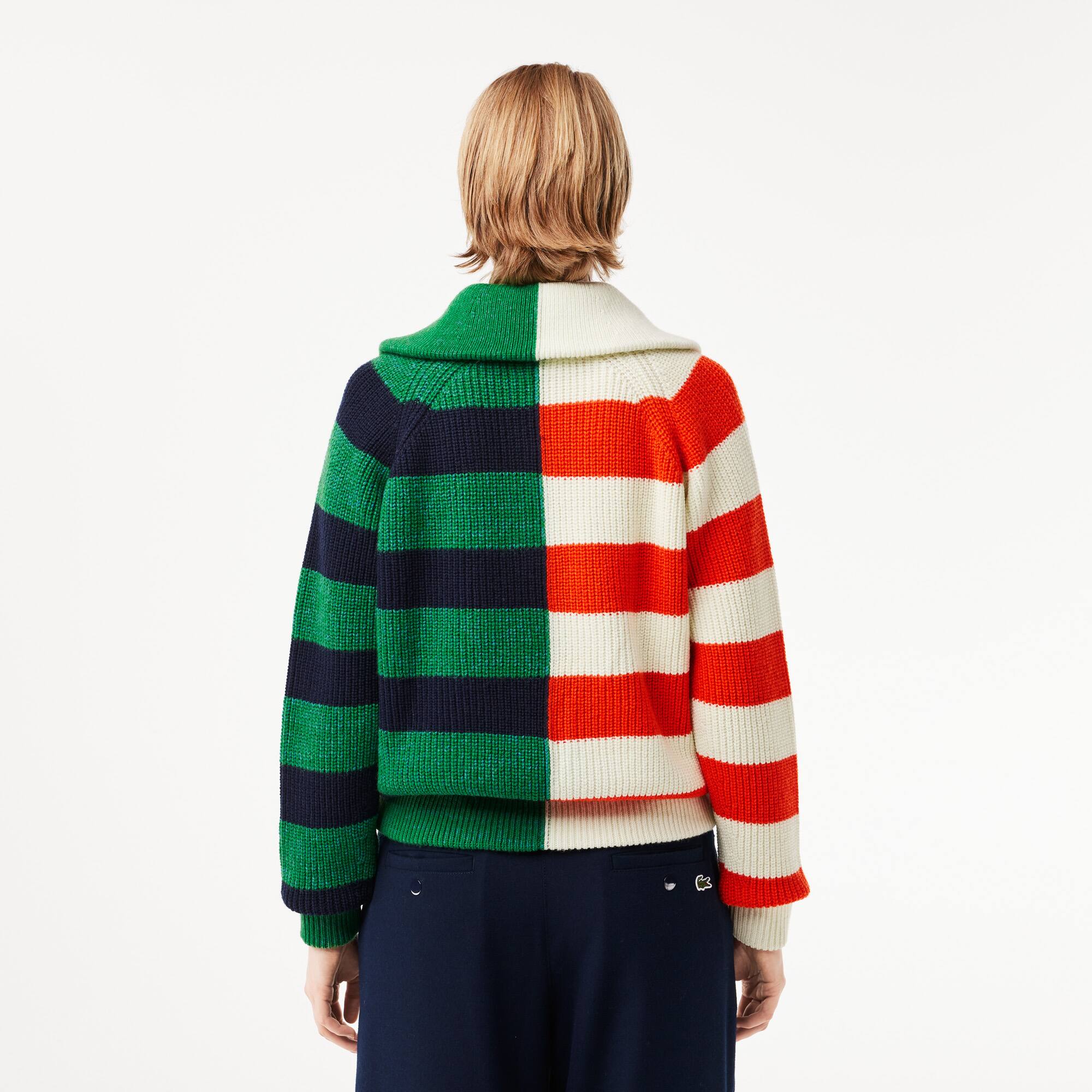 Women's Wool Zip Neck Contrast Stripe Colorblock Sweater