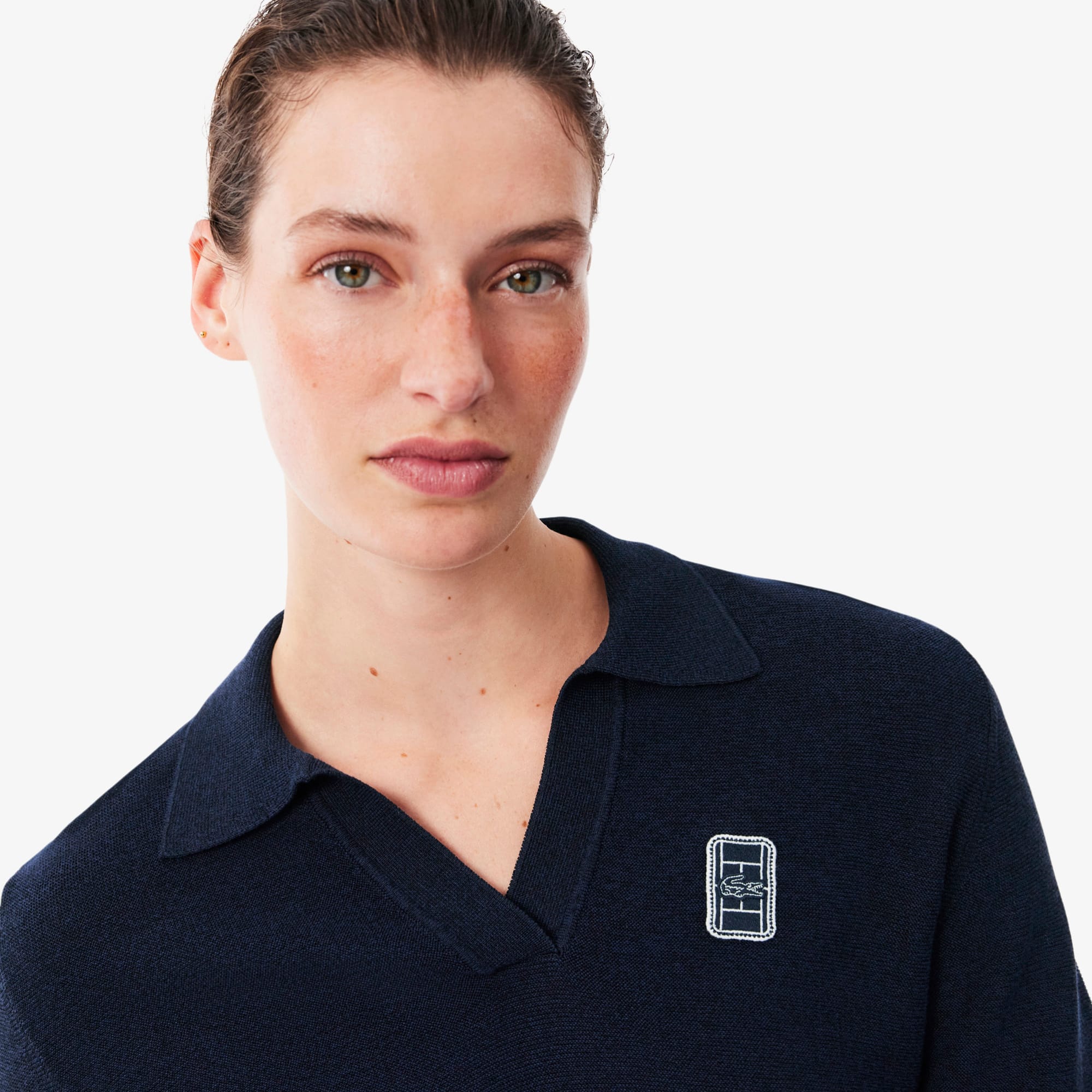 Regular Fit Open Neck Badge Accent Knit Polo Shirt