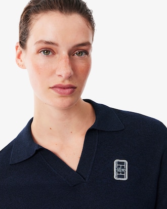 Regular Fit Open Neck Badge Accent Knit Polo Shirt