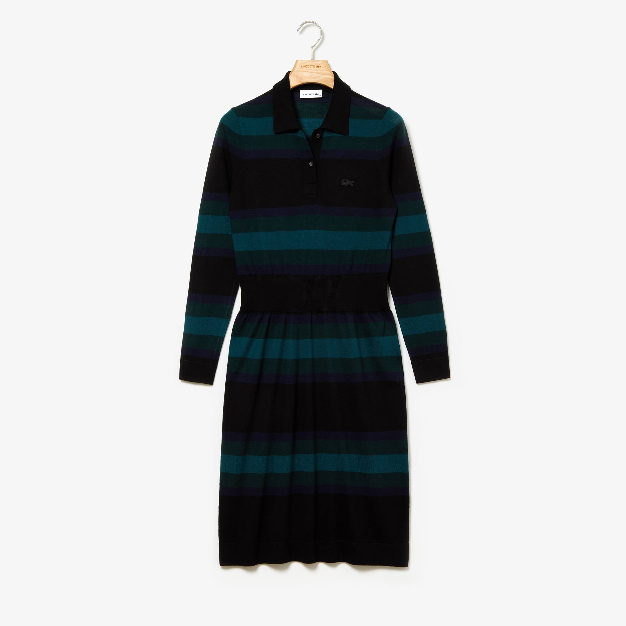 LACOSTE WOMEN'S FITTED STRIPED WOOL POLO DRESS