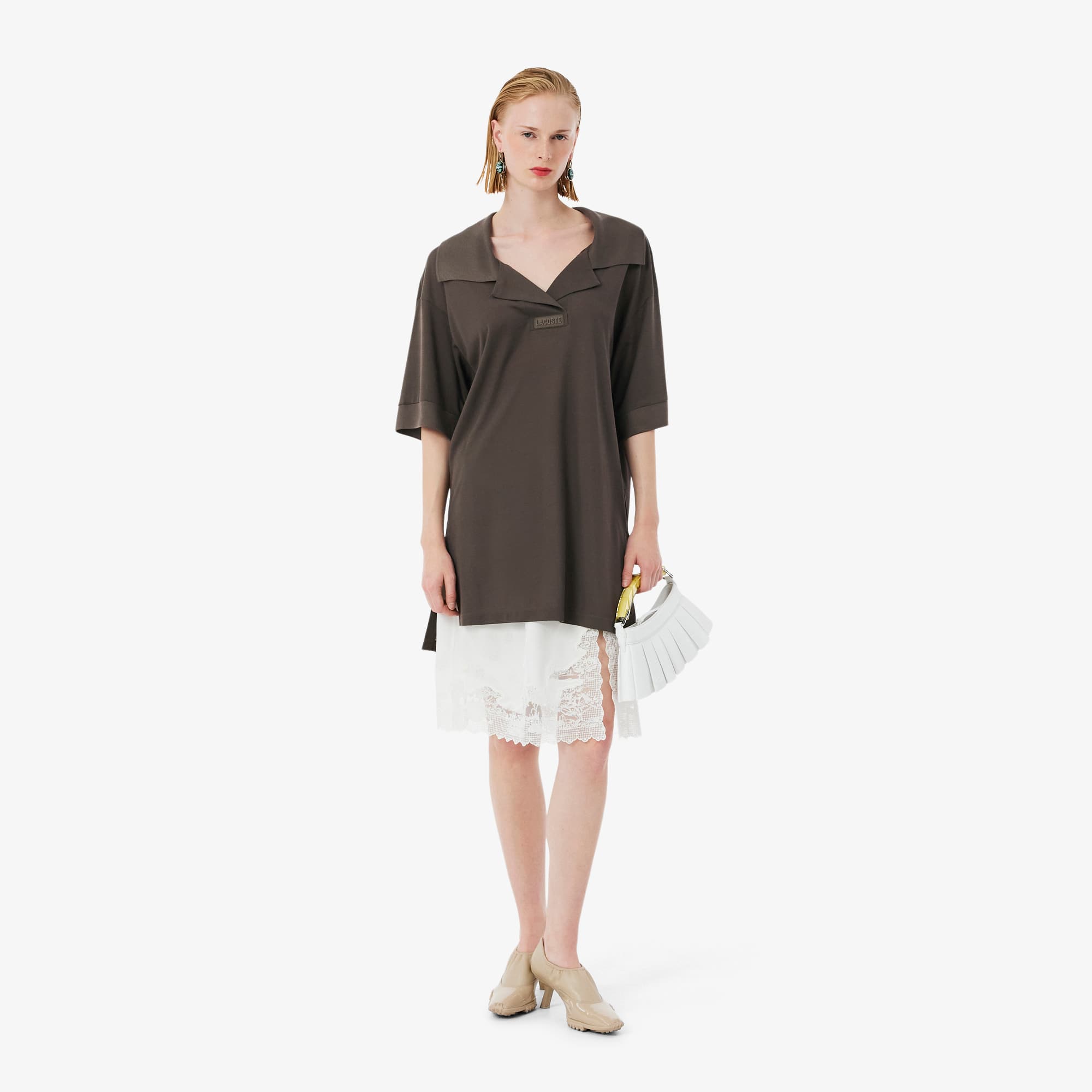 Lacoste Runway Silk Piqué Polo Collar Dress In Brown