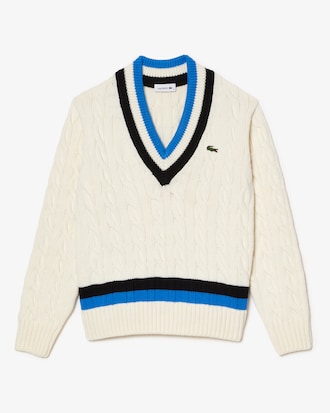 Women's V-Neck Cable Knit Wool Sweater