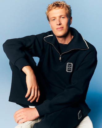 Loose Fit High Zipped Neck Badge Accent Sweatshirt