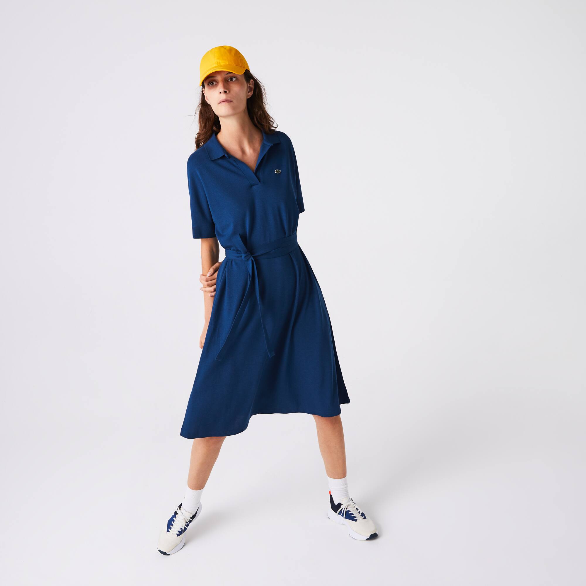 Women's V-neck Fitted Flowy Piqué Polo Dress - Dresses