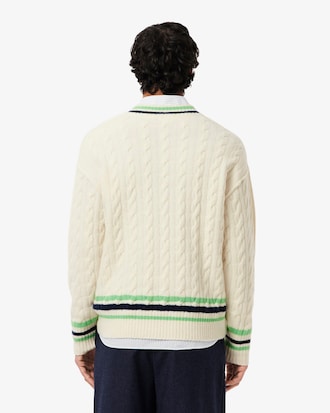 Men's V-Neck Cable Knit Wool Sweater