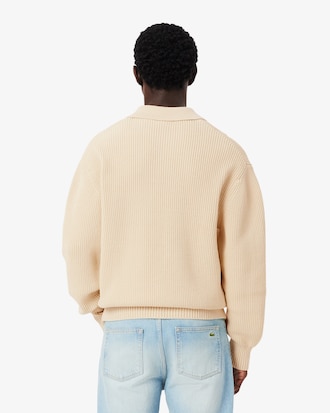Badge Accent Pearl Rib Polo Collar Sweater