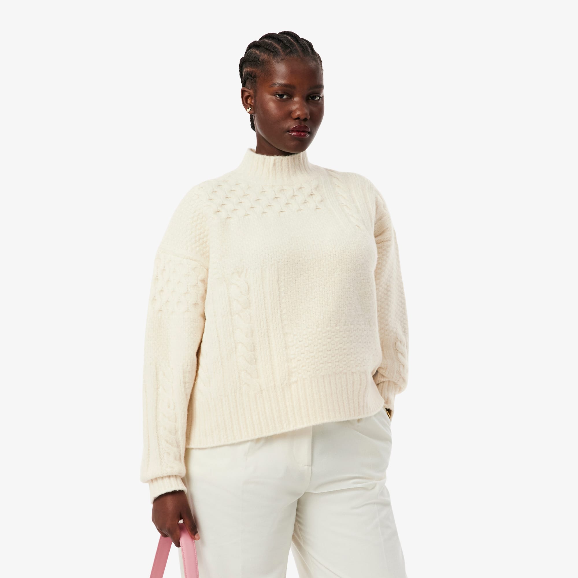 Women's Patchwork Effect High-Neck Wool Sweater - Sweaters