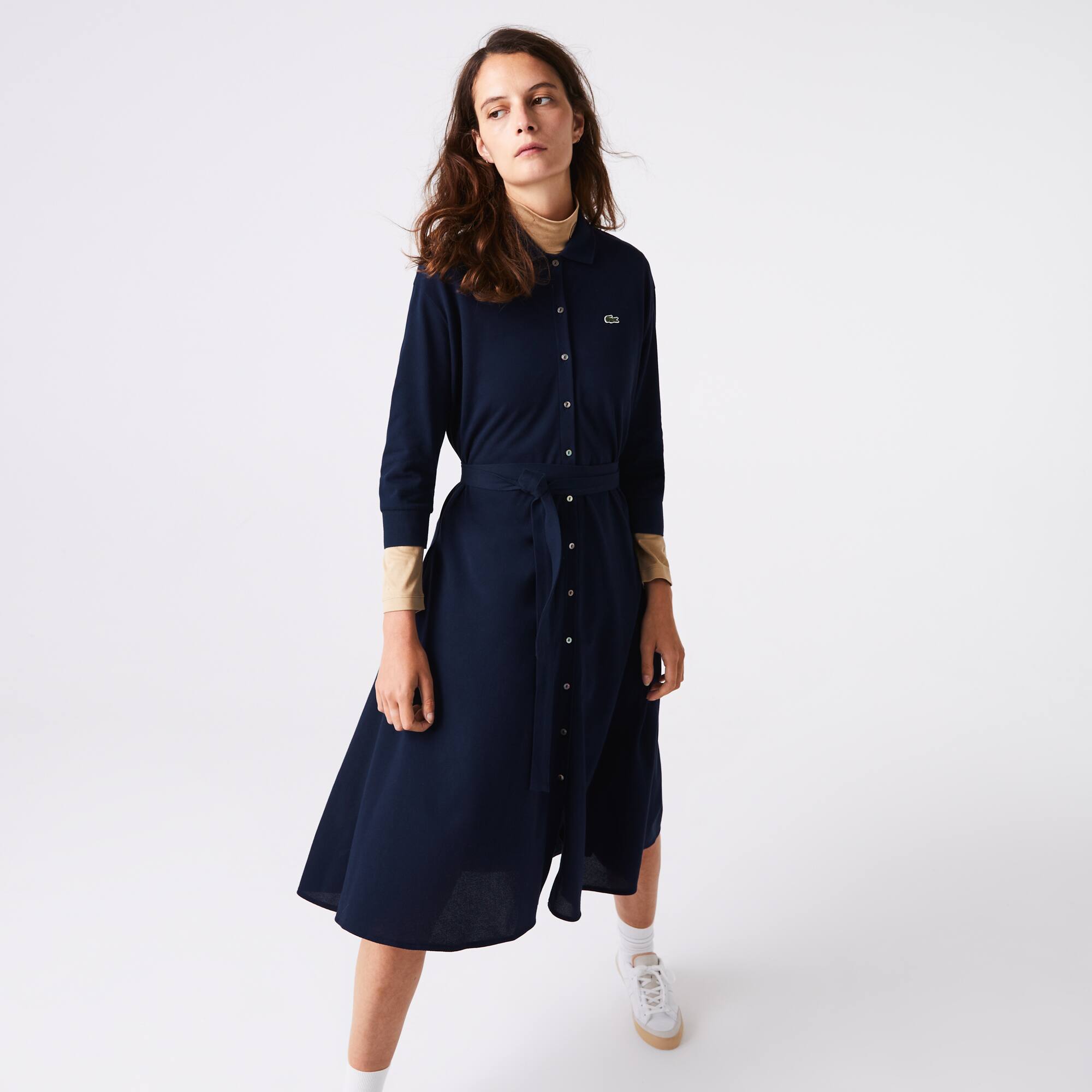 Women's Buttoned Belted Cotton Piqué Polo Dress - Dresses