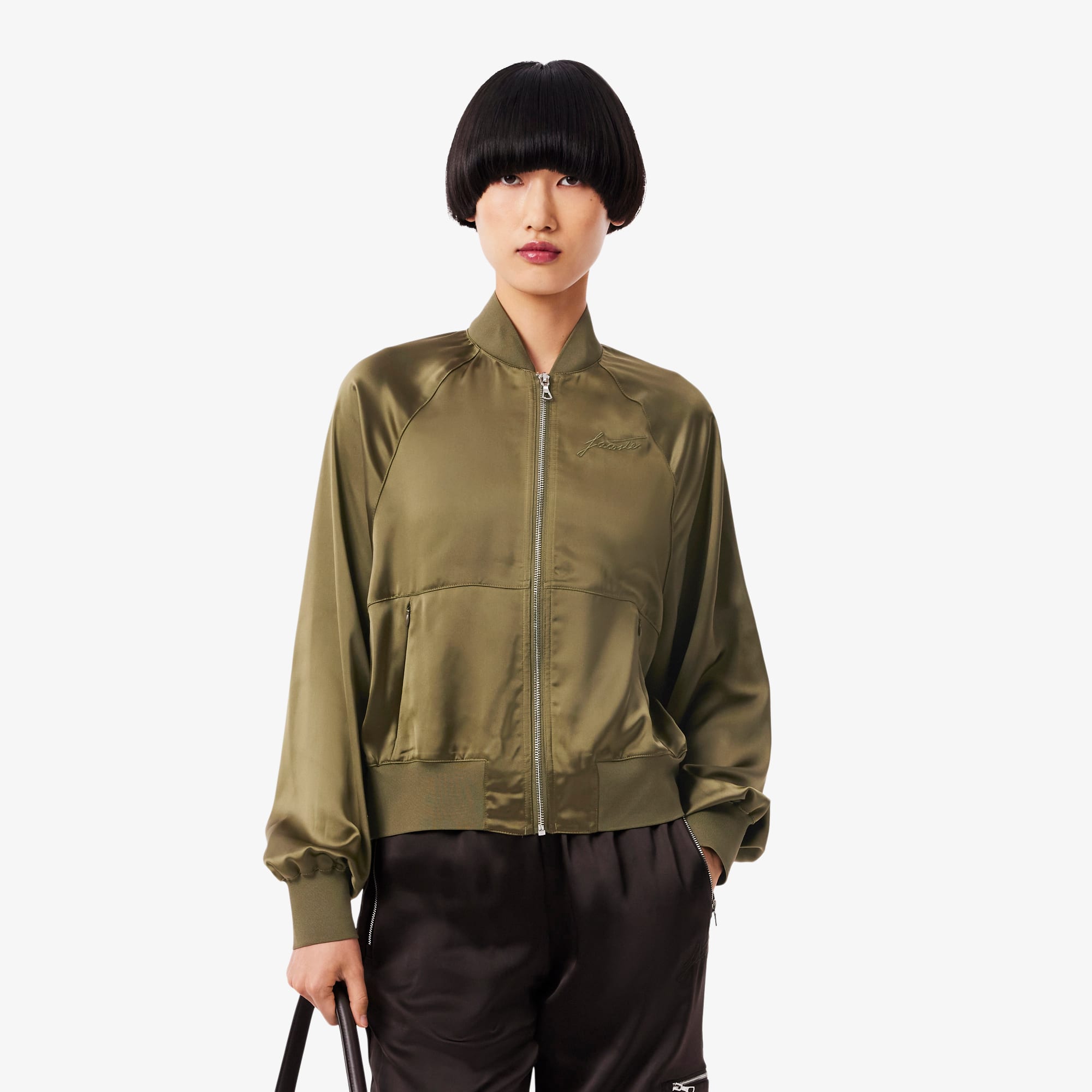 Satin Over Jacket 2026ss エクリュ38 Women's Oversized Embroidered Signature Satin Bomber Jacket