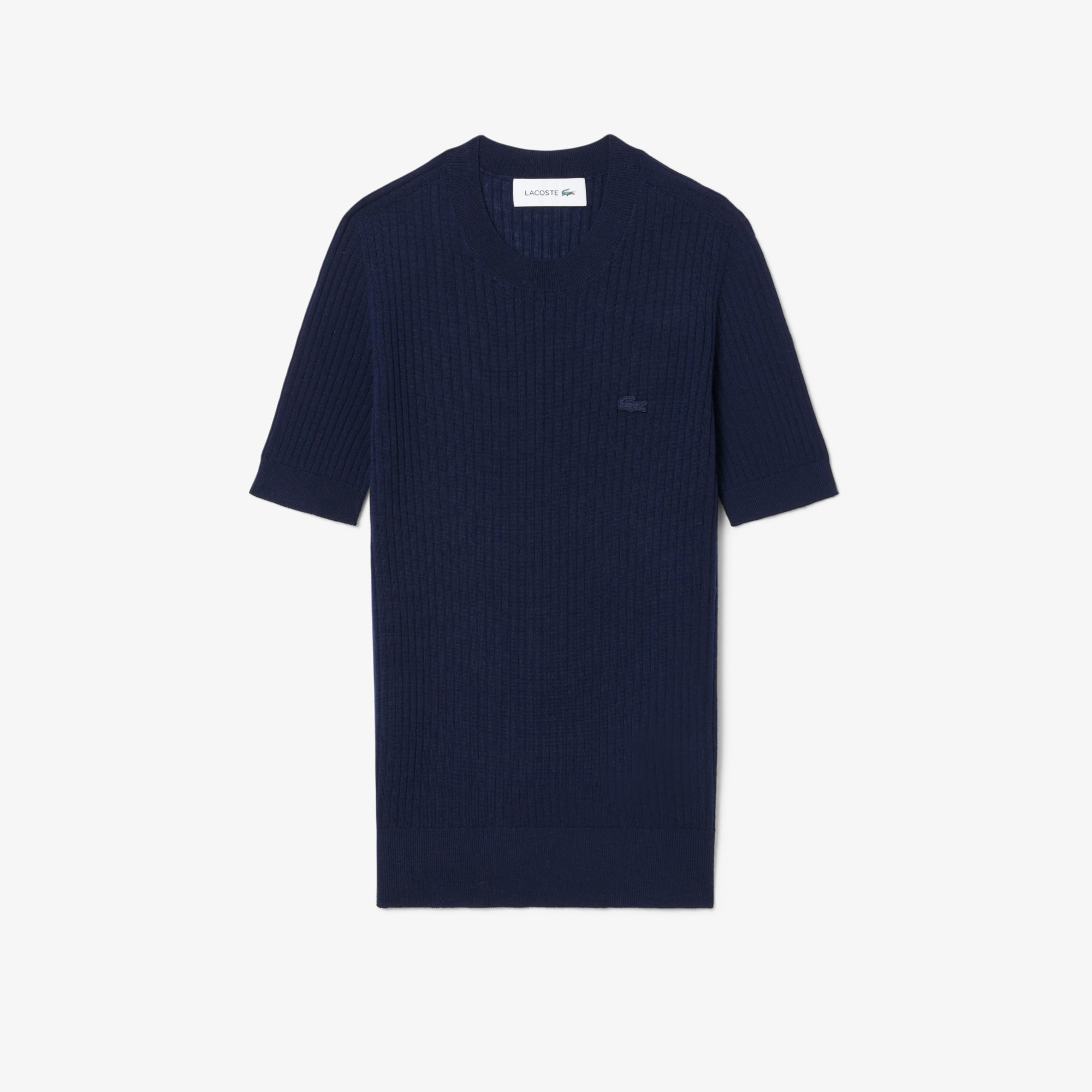 Lacoste Women's Short Sleeve Merino Wool Rib Knit Sweater - 38 In Blue