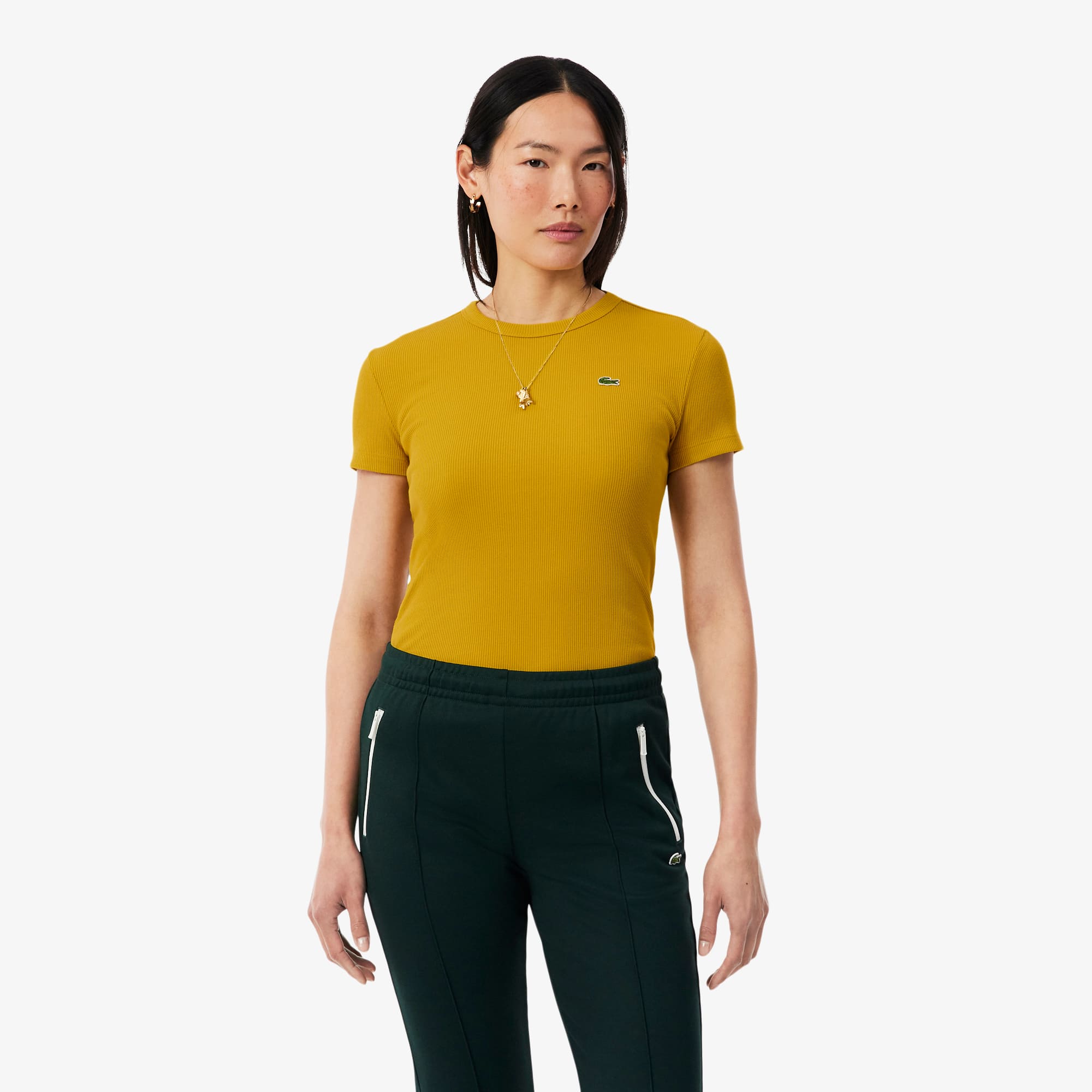 Lacoste Women's Slim Fit Ribbed Cotton T-shirt - Xs (34) In Yellow