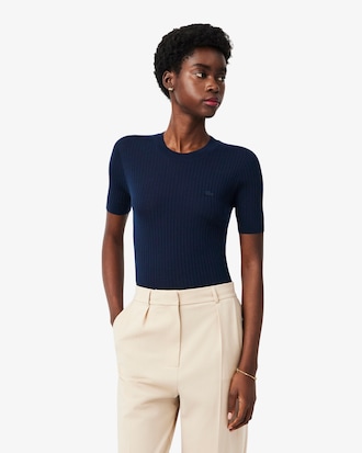 Women's Short Sleeve Merino Wool Rib Knit Sweater