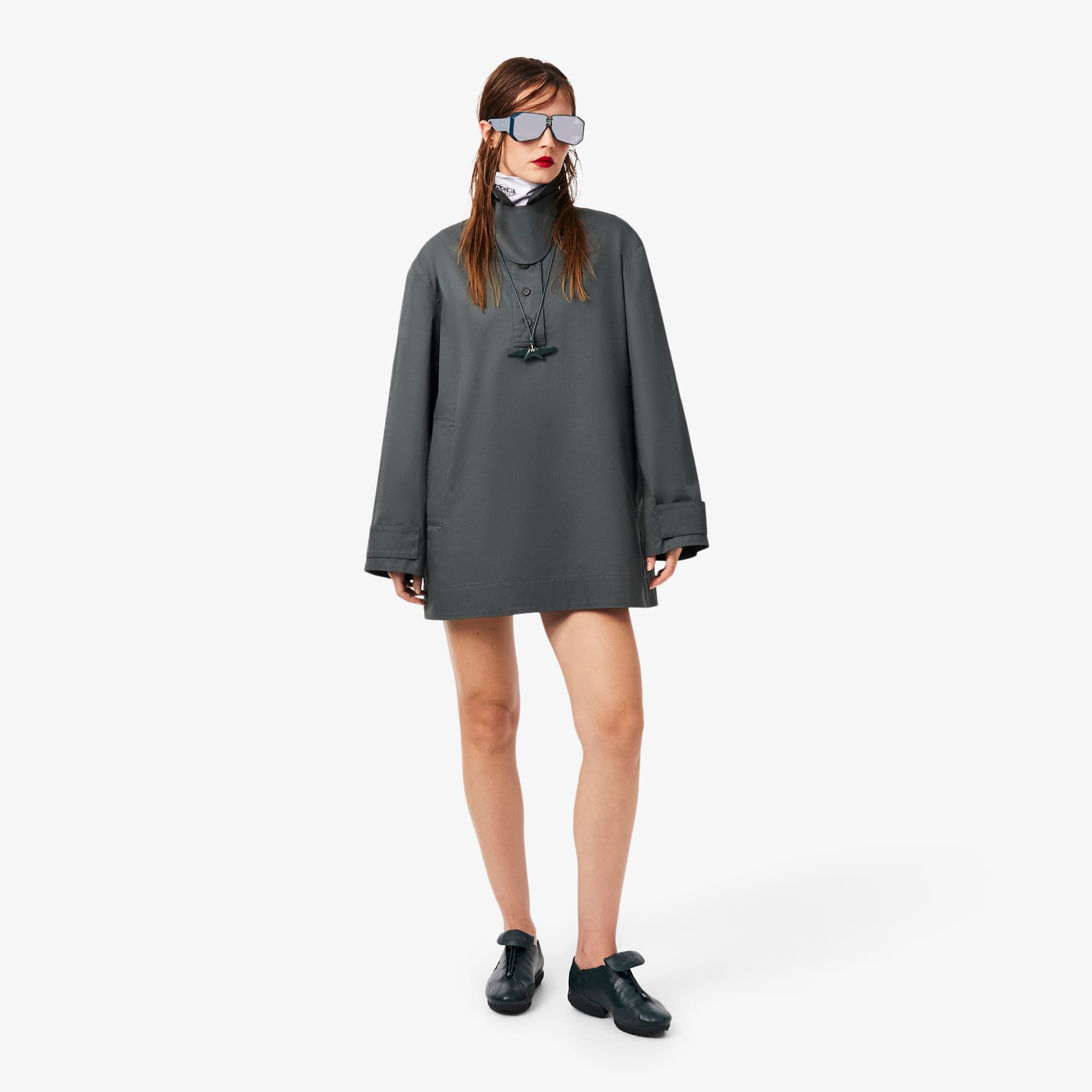 Lacoste Runway Oversized Twill Mini Dress - 3 - Xs/s In Gray