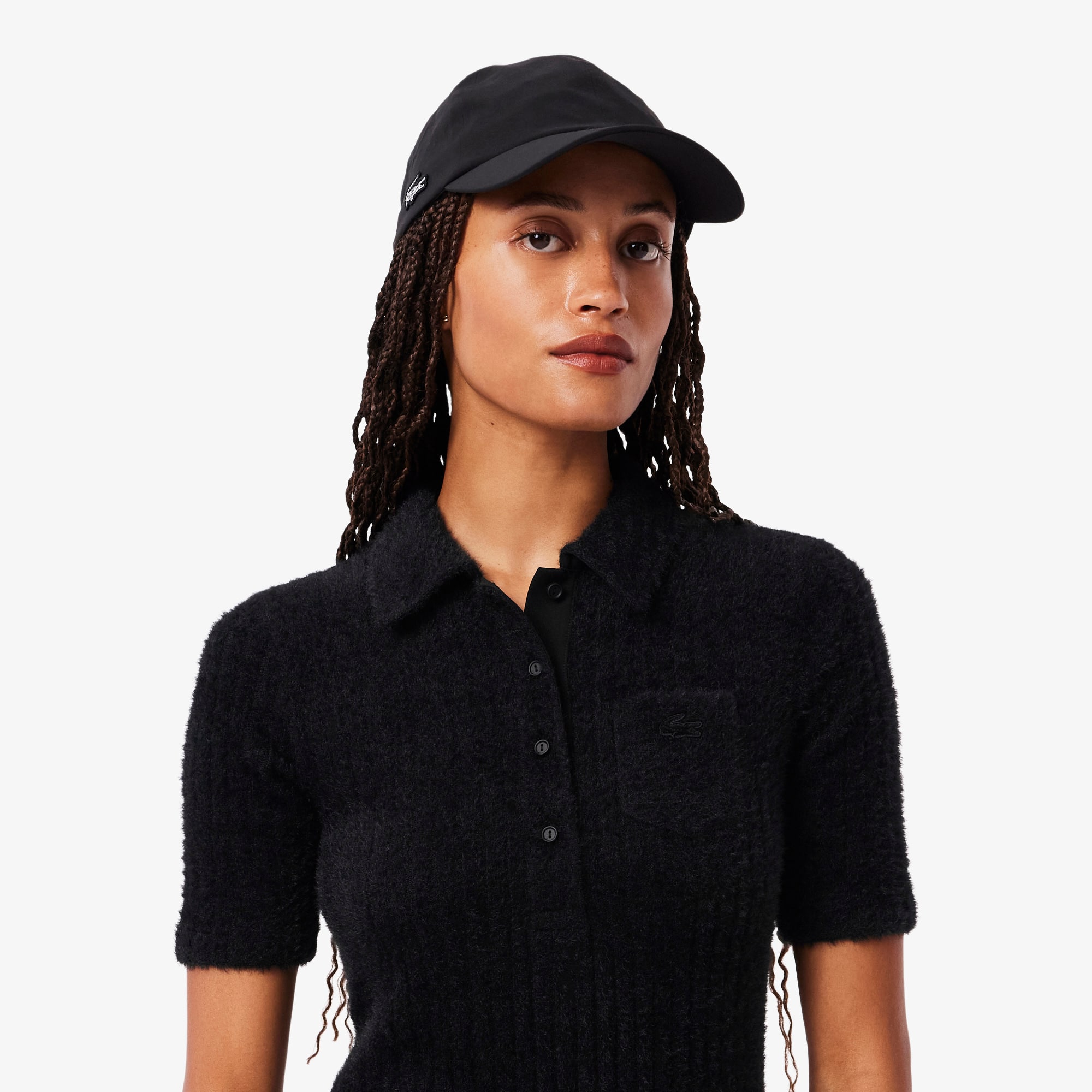 Women's Fuzzy Ribbed Knit Polo Collar Dress - Dresses - New In