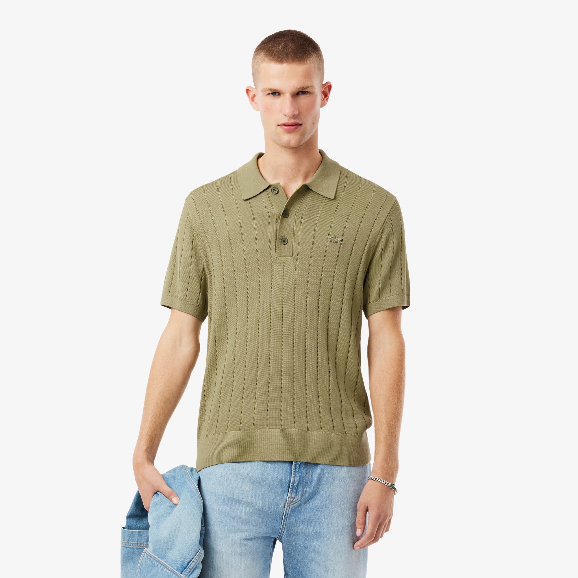 Lacoste Men's Fluid Ribbed Knit Polo Collar Sweater - L - 5 In Green