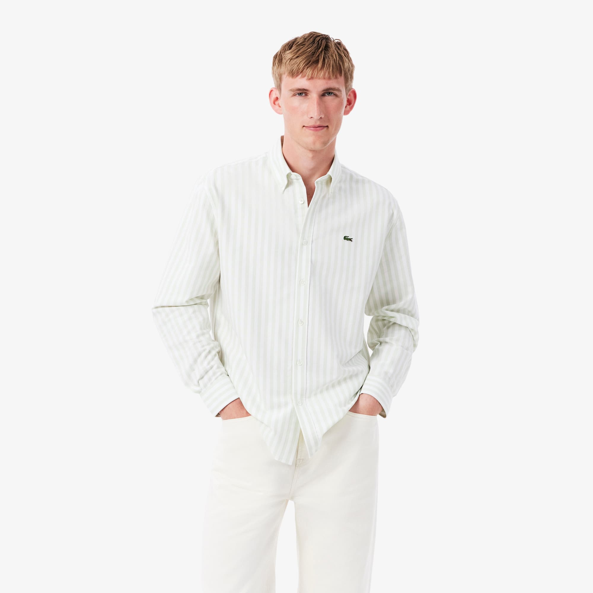 Lacoste Men's Striped Long-Sleeve Button-Down Oxford Shirt - Light/Pastel Brown