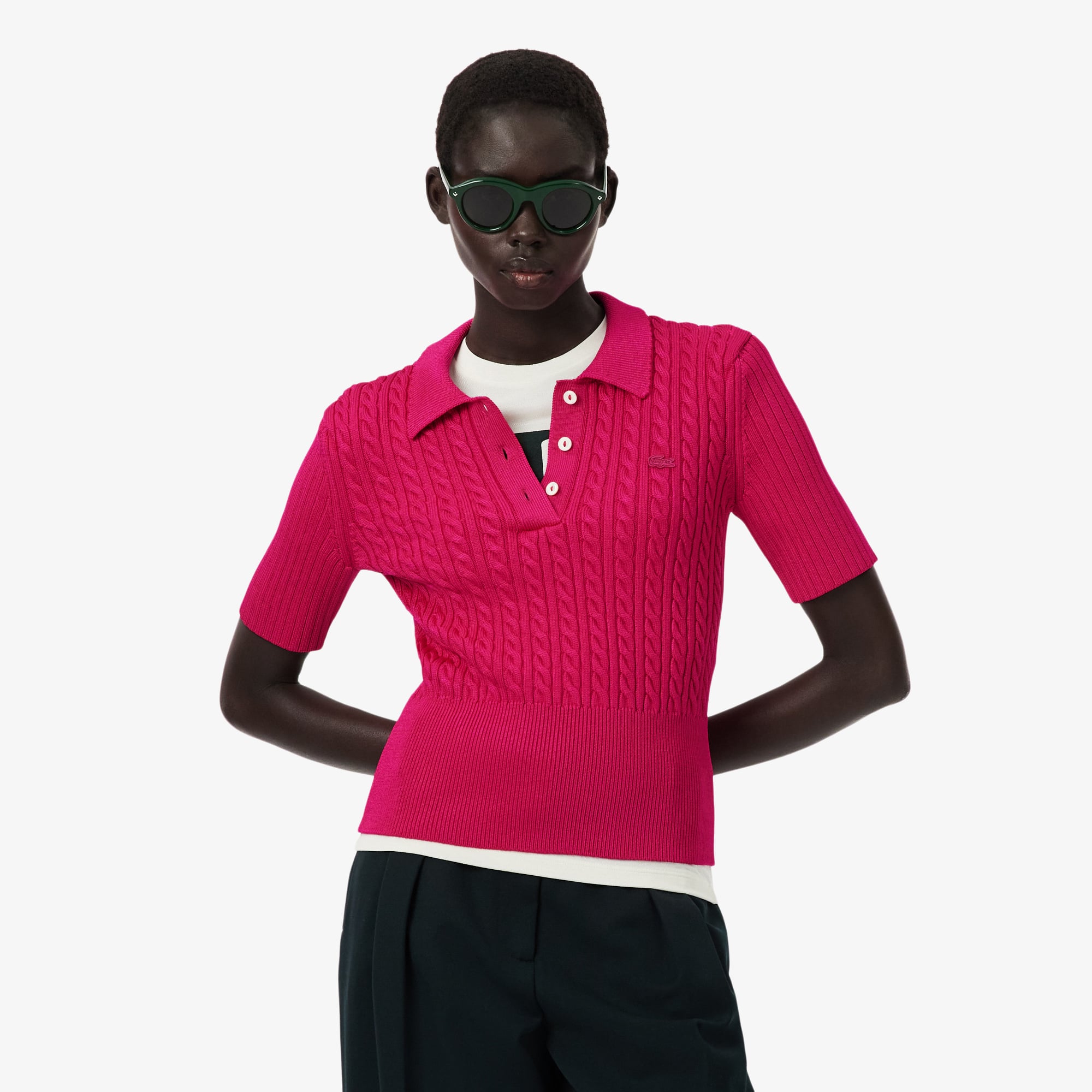 Lacoste Runway Cable Knit Polo Collar Sweater - 38 In Pink