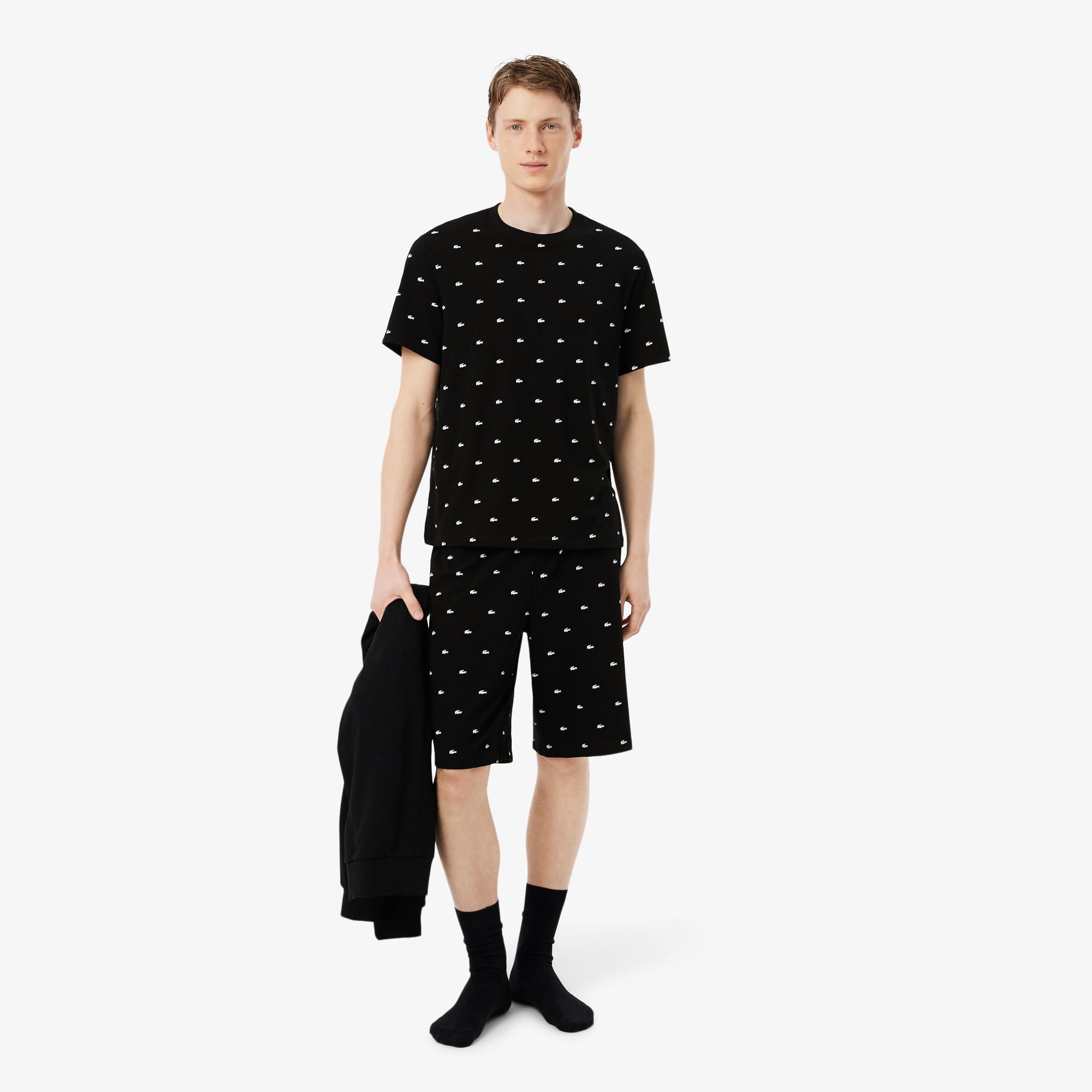 Lacoste Conjunto de Pijama de Algodón Estampado para Hombre Negro