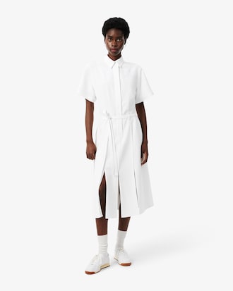 Long Pleated Fluid Piqu&eacute; Dress