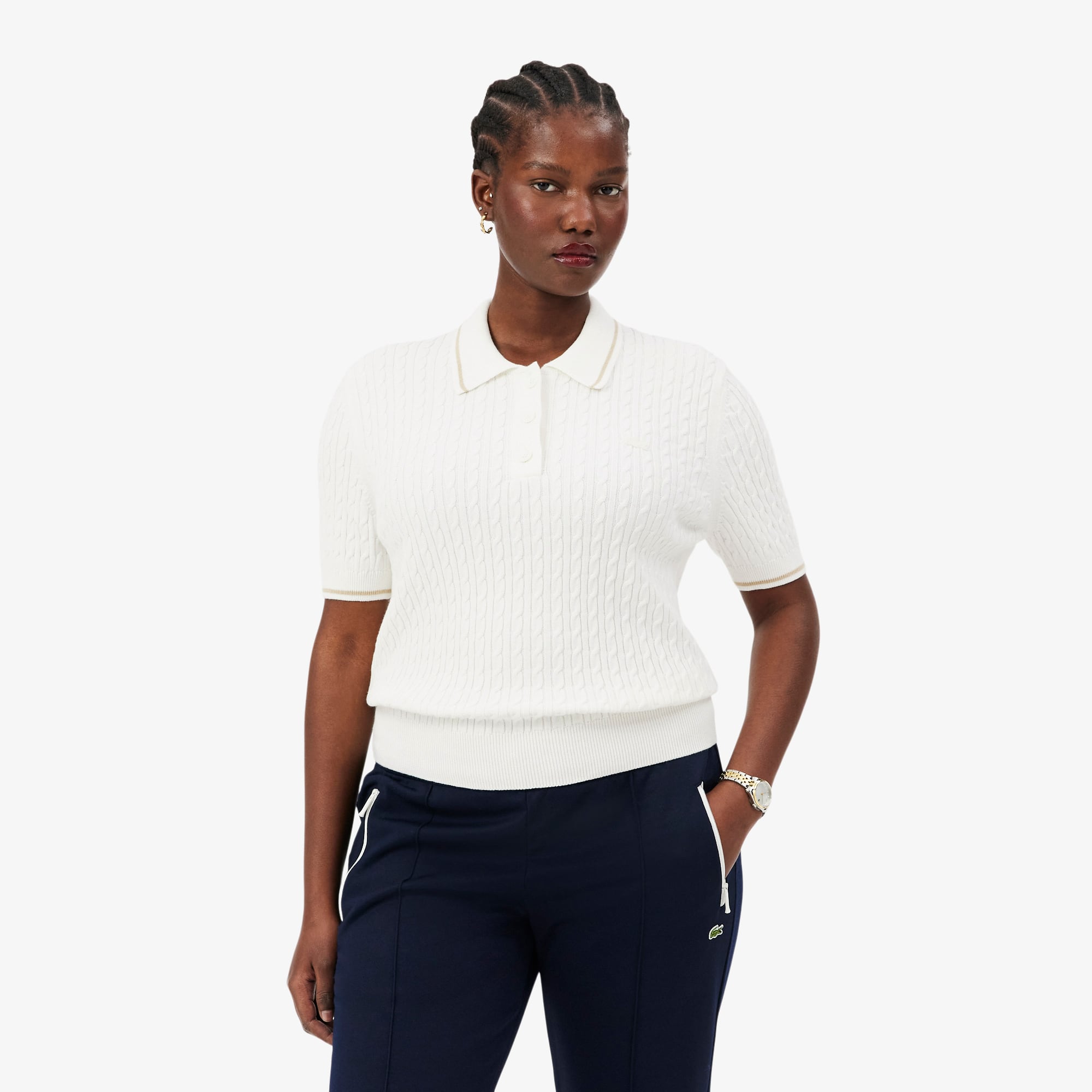 Striped Cable Knit Polo Collar Sweater - Sweaters & Sweatshirts